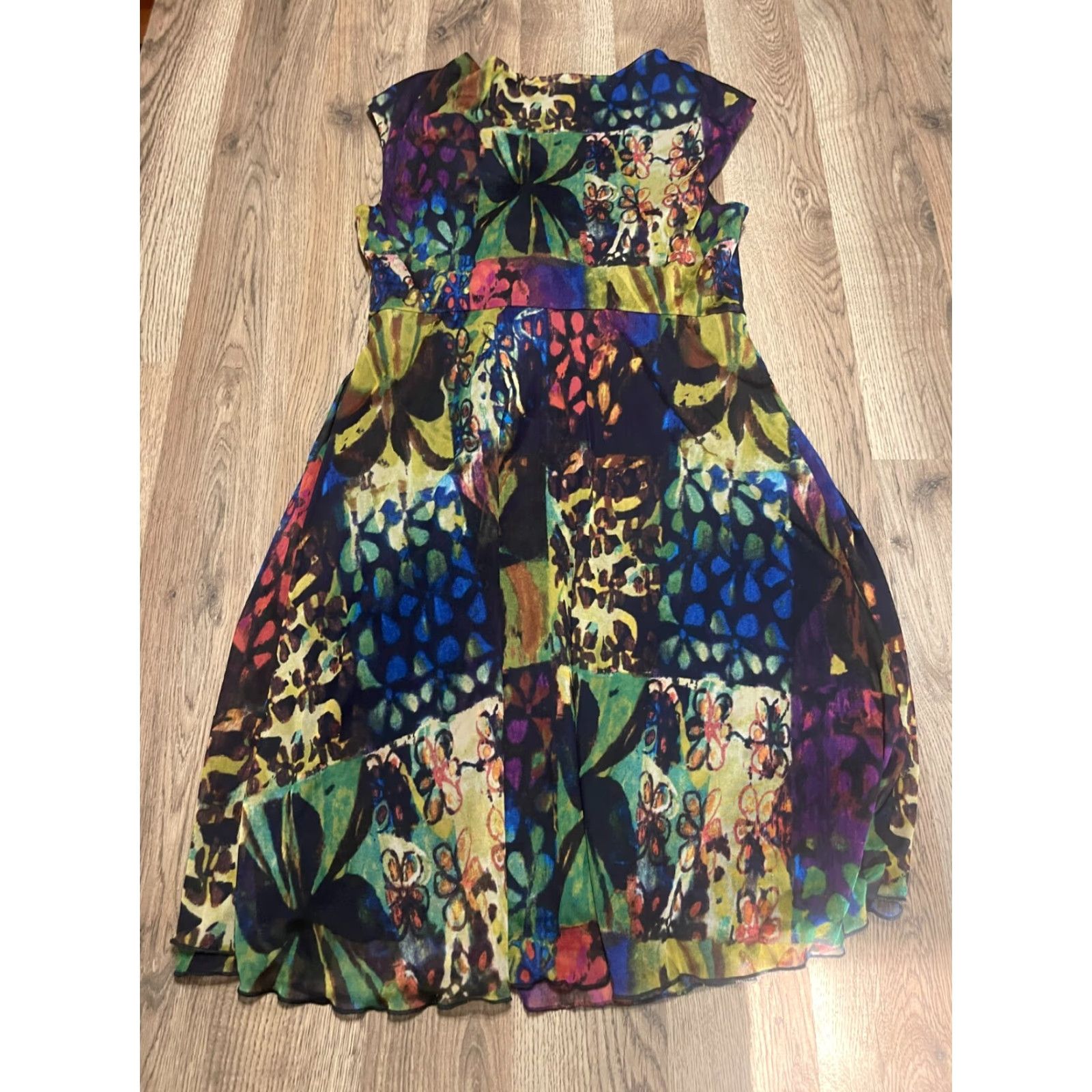 Vintage Dressbarn Dress Women's 8P Petite V-Neck Short Sleeve Floral A-Line Knee Length Yellow Blue - Casual, 8 Petite, Poly/Not Specified - Womens Size 30" / US 8 / IT 44 - 2 Thumbnail