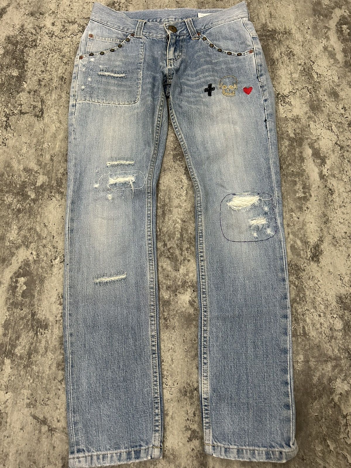 Hysteric Glamour × Japanese Brand × Seditionaries Word Wide Love Skull Ring Distressed Jeans Size US 30 / EU 46 - 3 Thumbnail