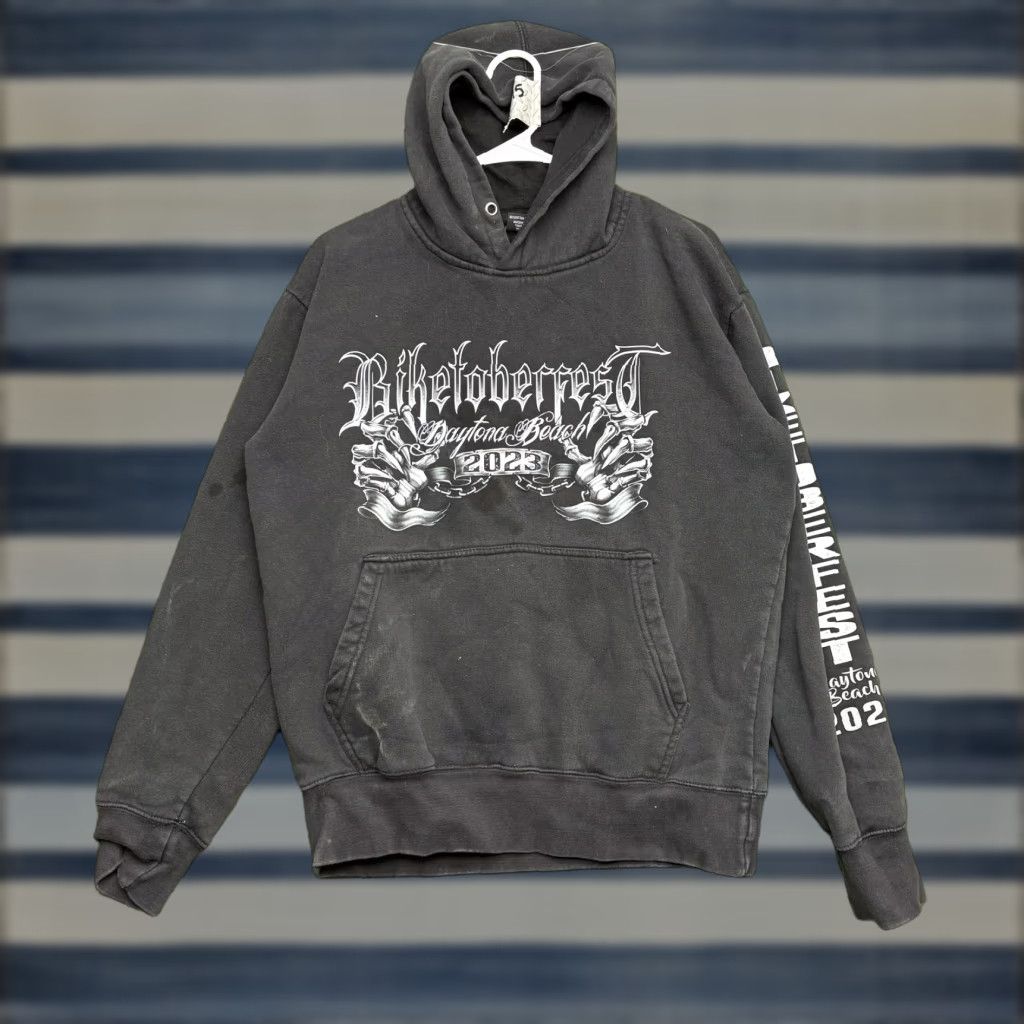 Vintage Biketoberfest Hoodie Mens Medium Black AOP Skull Graphic Grunge Biker y2k Size US M / EU 48-50 / 2 - 1 Thumbnail
