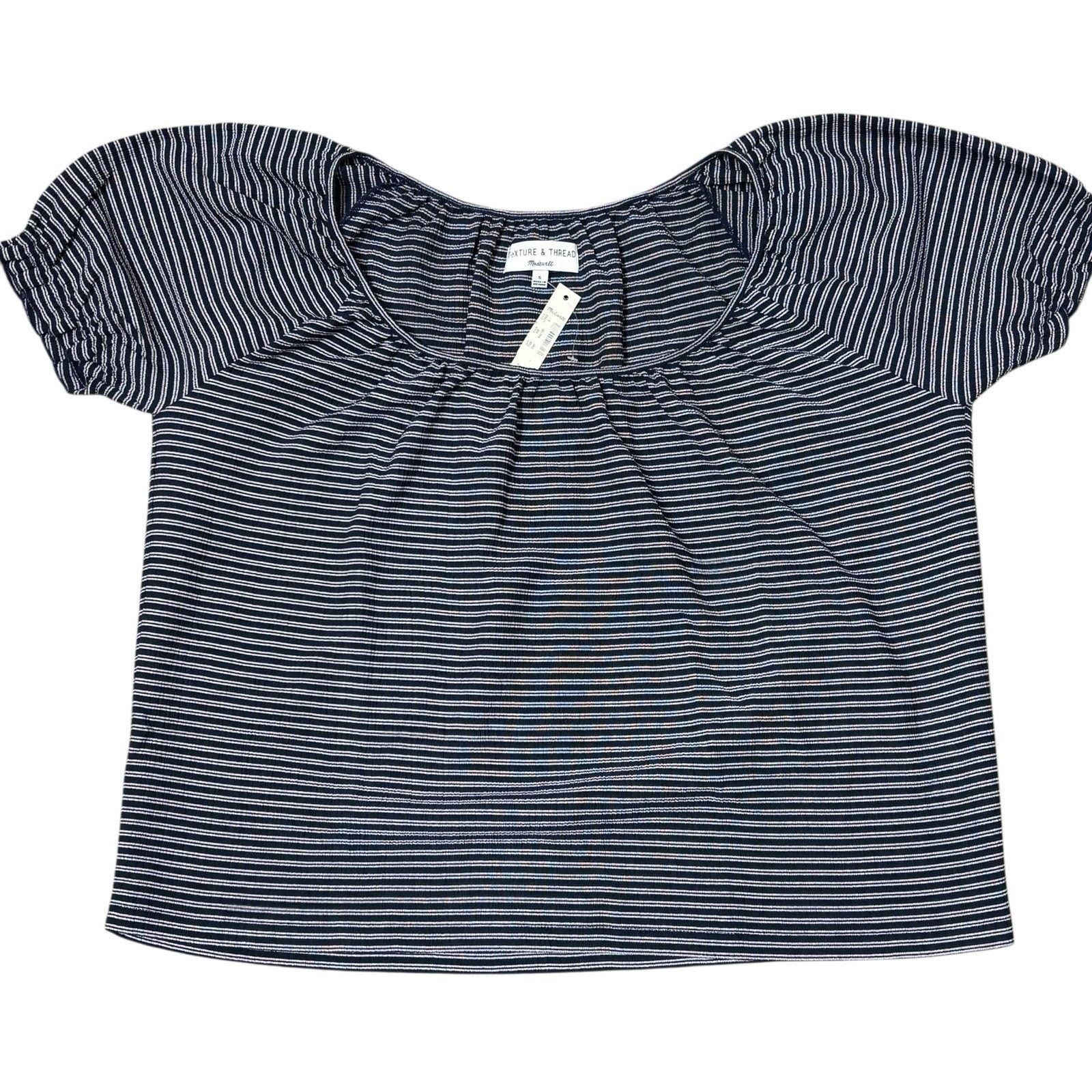 Madewell Madewell Striped Puff Sleeve Peasant Top Medium Navy Blue Size M / US 6-8 / IT 42-44 - 2 Thumbnail