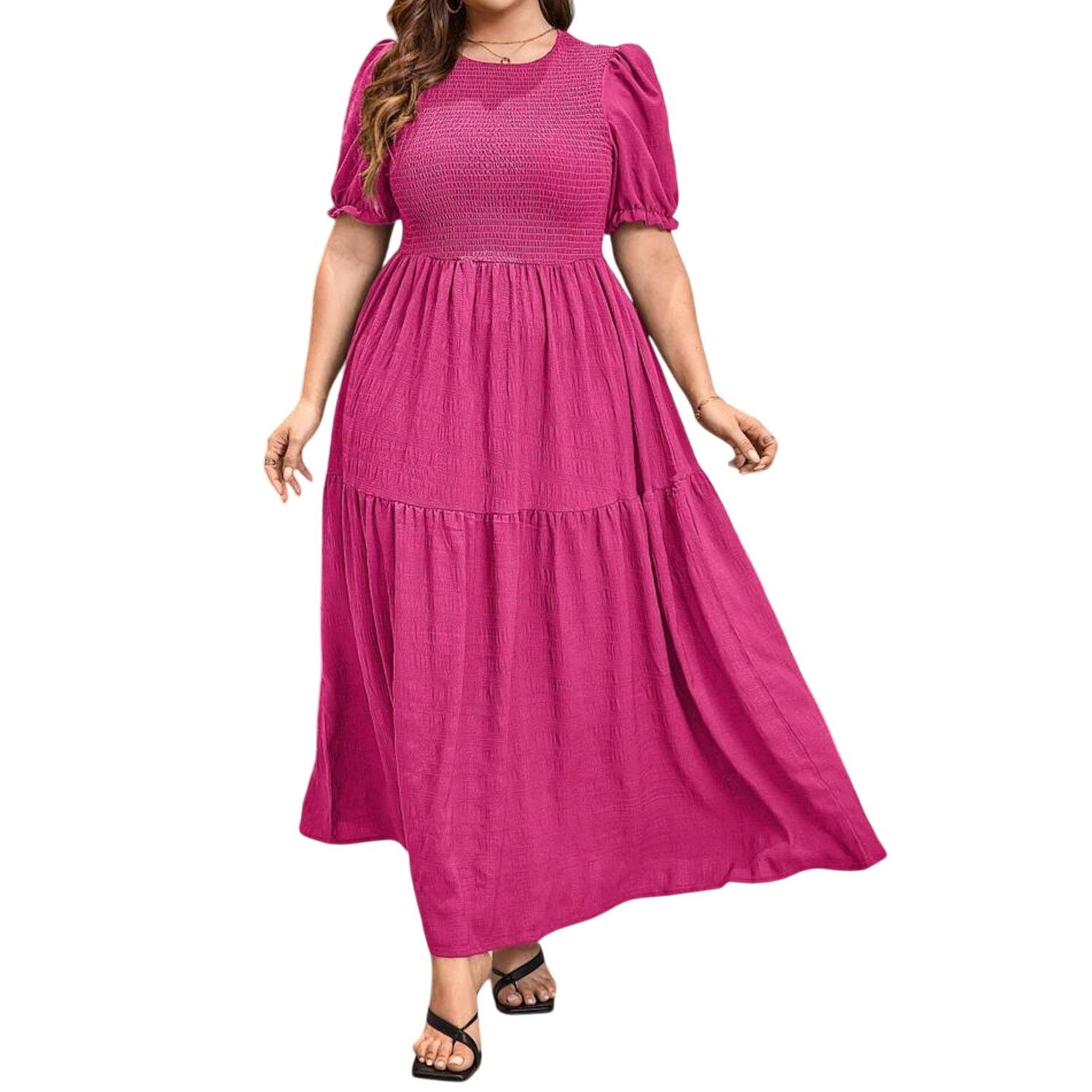 Shein Pleated Frill Hem Short Sleeve Maxi Dress in Pink, Size 2XL | Grailed