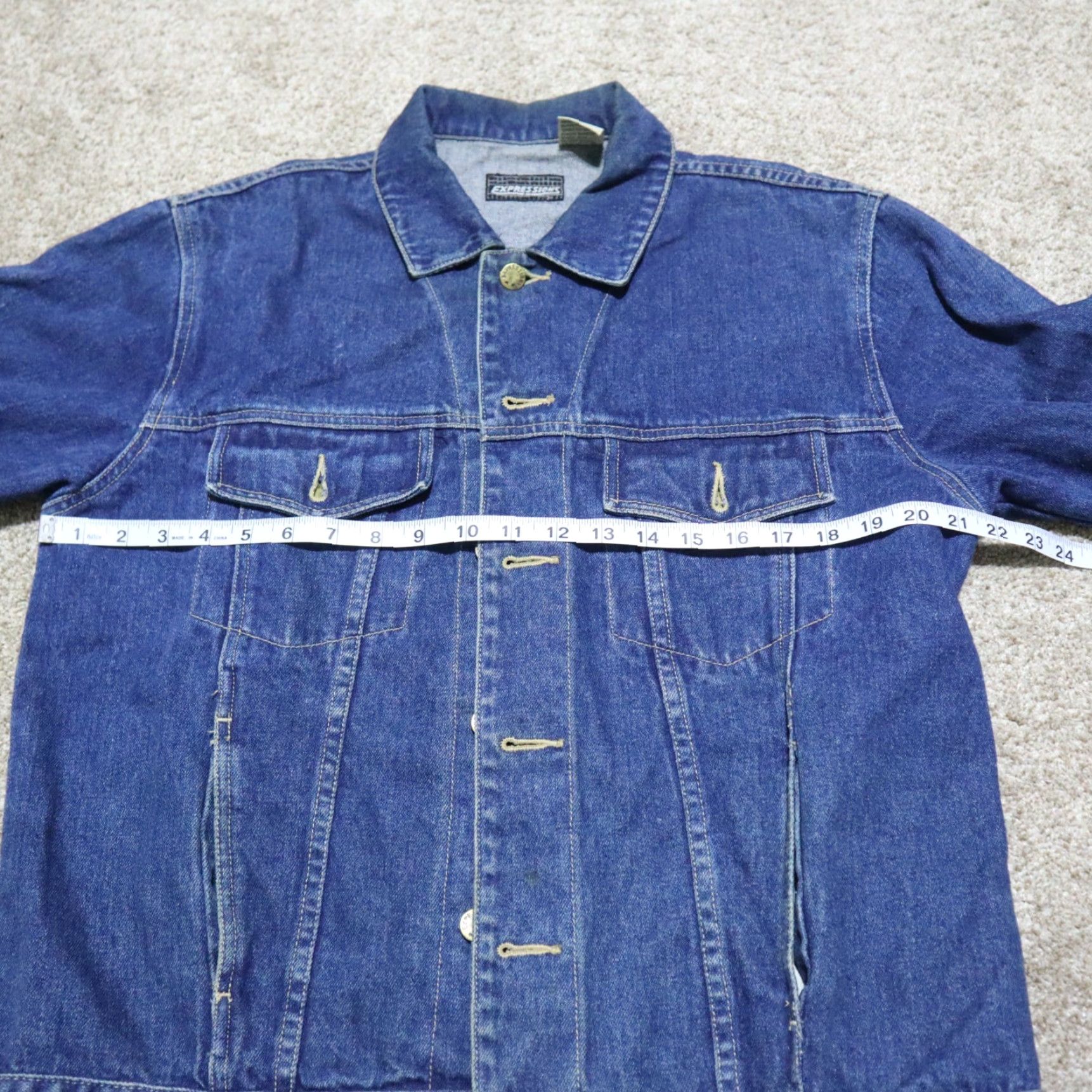 Vintage Expressions Denim Jacket Blue Jean Button Down Two Breast Pockets Leather Collar & Accents Mens Size M Vintage Classic Jean Jacket Size US 31 - 6 Thumbnail