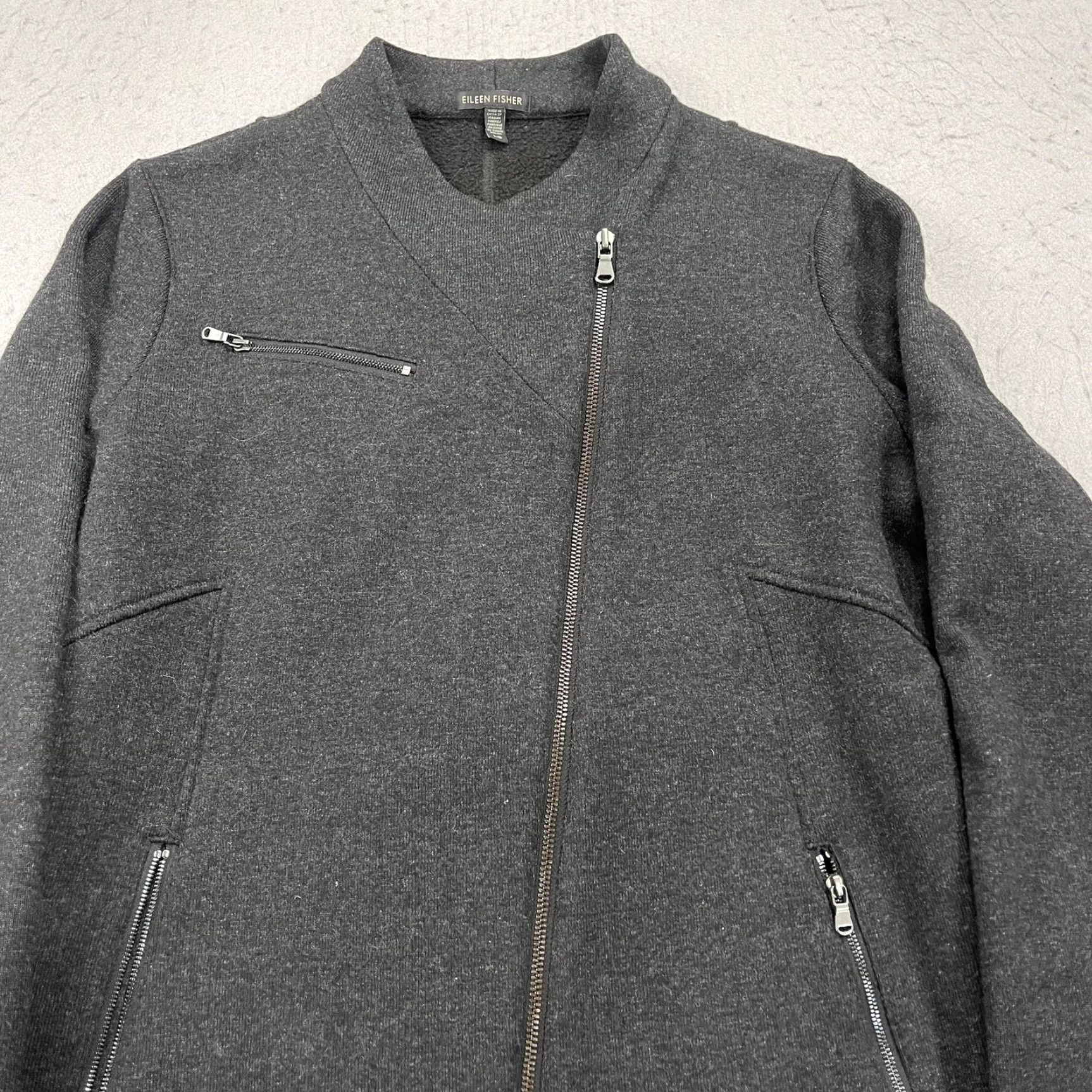 Eileen Fisher VINTAGE Eileen Fisher Jacket Mens? Womens Large Gray Wool Knit Asymmetrical Zip Moto Style Full Zip Pockets Mid-Length Size L / US 10 / IT 46 - 3 Thumbnail