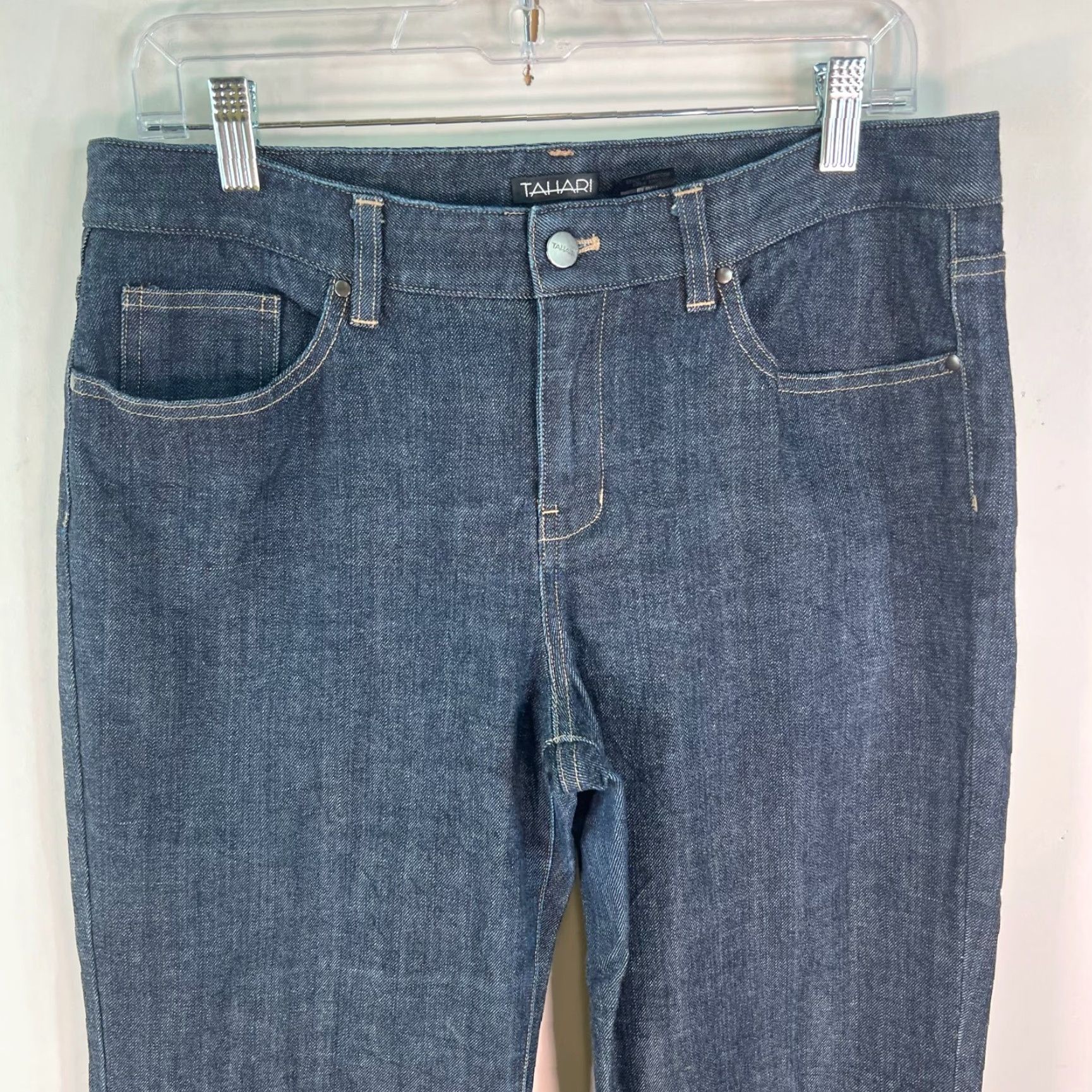 Vintage Tahari Jeans Flared Leg Stretch Blue 32x32 10 Women Denim Cotton Blend Zipper Mid Rise Classic Bootcut Size 10 Size 32" / US 10 / IT 46 - 2 Thumbnail