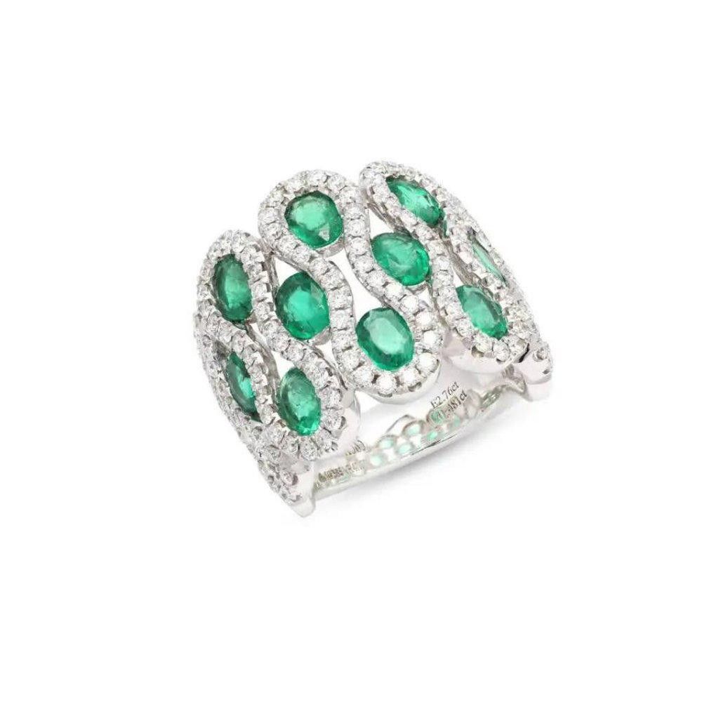 Designer Green Emerald & White Pear Weave Band Silver Ring - Size 7 Size ONE SIZE - 8 Thumbnail