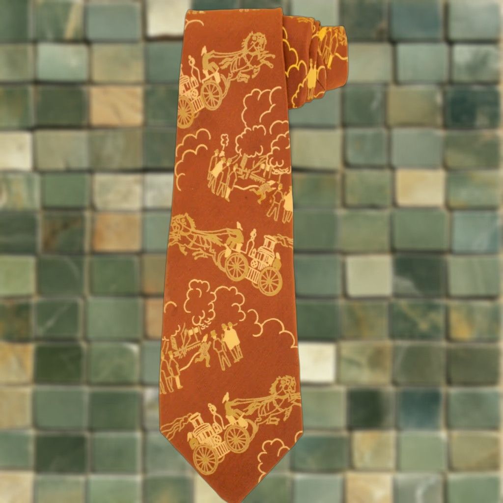 Vintage VTG Men’s 1950s Brown Beige Carriage Themed Novelty Necktie 50s Tie Silk Neck Tie Size ONE SIZE - 1 Thumbnail