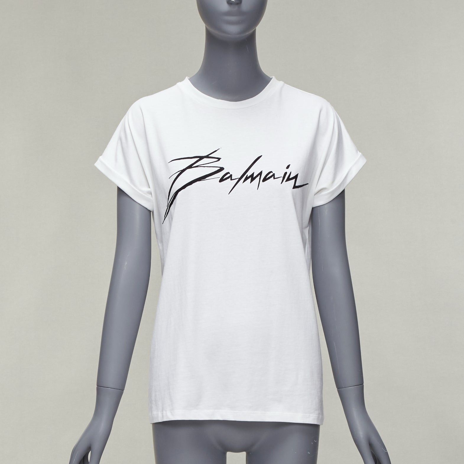 Balmain BALMAIN black signature logo velvet print cuffed sleeve white tshirt FR34 XS Size XS / US 0-2 / IT 36-38 - 1 Thumbnail