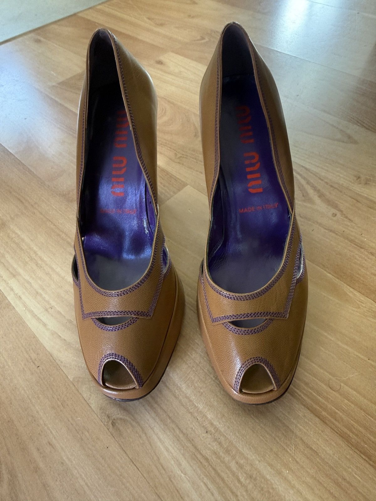 Miu Miu Vintage Miu Miu rare brown leather peep toe pumps 3.5” heel Size US 5 / IT 35 - 3 Thumbnail
