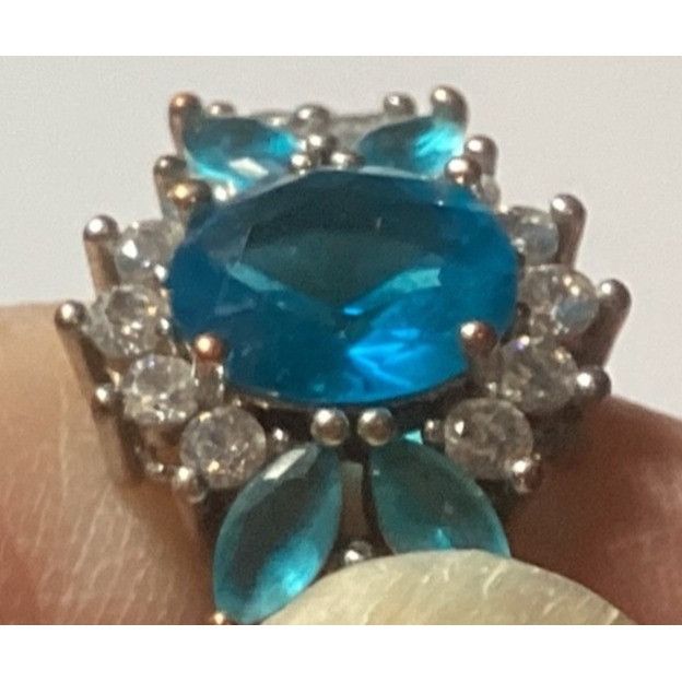 Other Sterling Silver Ring W/ Simulated Aquamarine & Crystal Gemst Size ONE SIZE - 1 Thumbnail