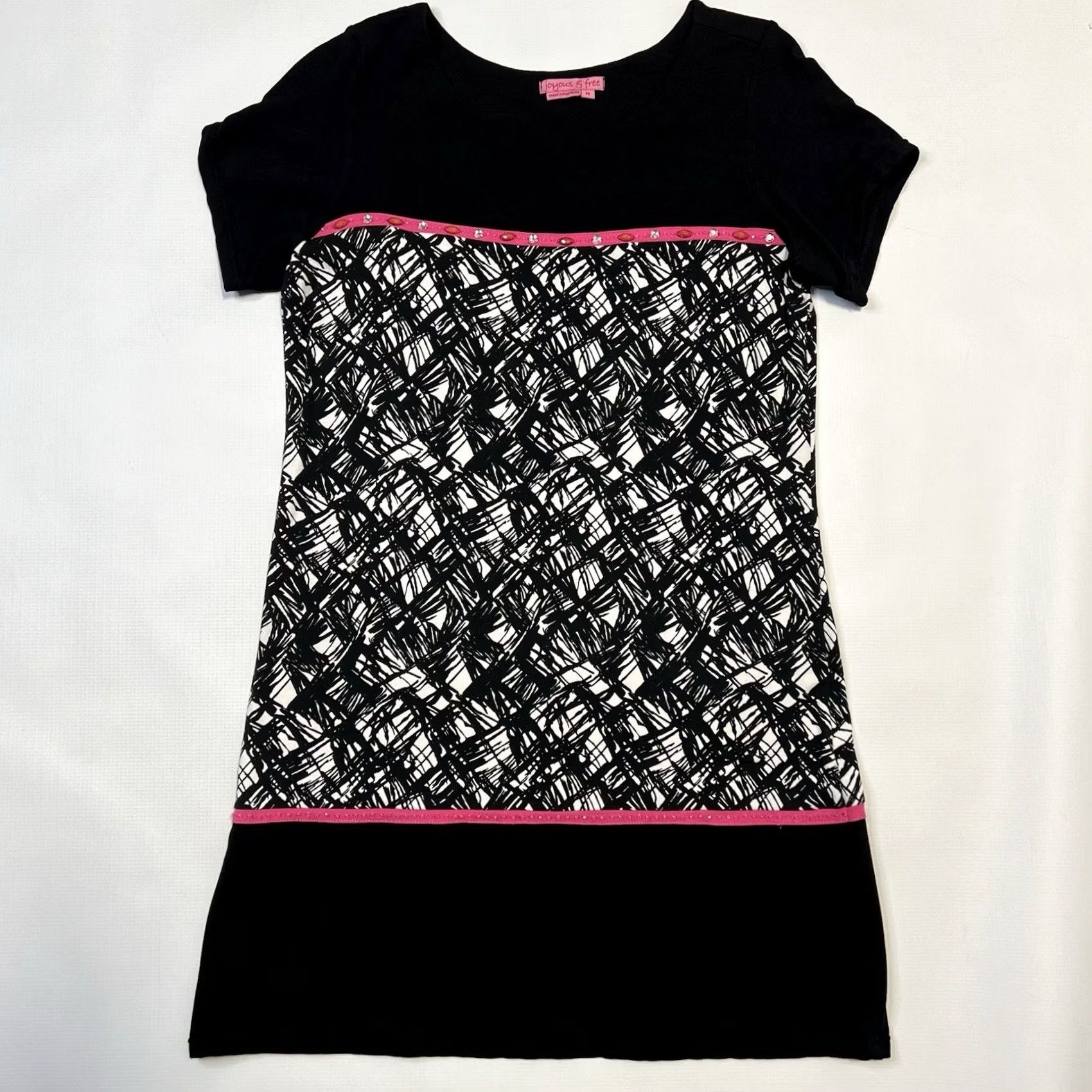 Pinko Joyous & Free Dress Women's M Black Pink Colorful Print Short Sleeve Geometric Beaded Knee-Length Tunic Dress Mens Women Size 32" / US 10 / IT 46 - 4 Thumbnail