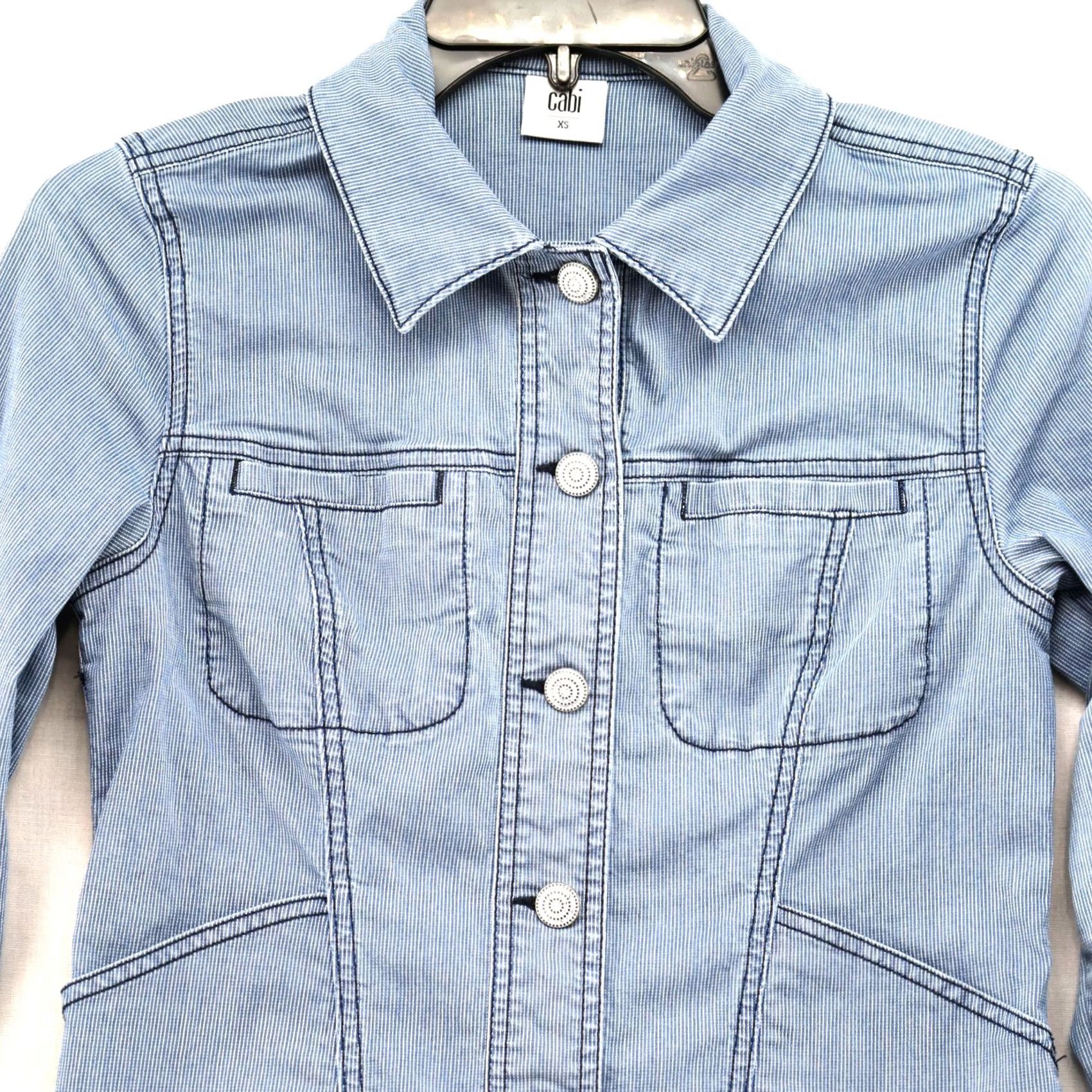 Vintage CAbi Stretch Trucker Jacket Womens XS Blue & White Striped Decorative Buttons Size XS / US 0-2 / IT 36-38 - 2 Thumbnail