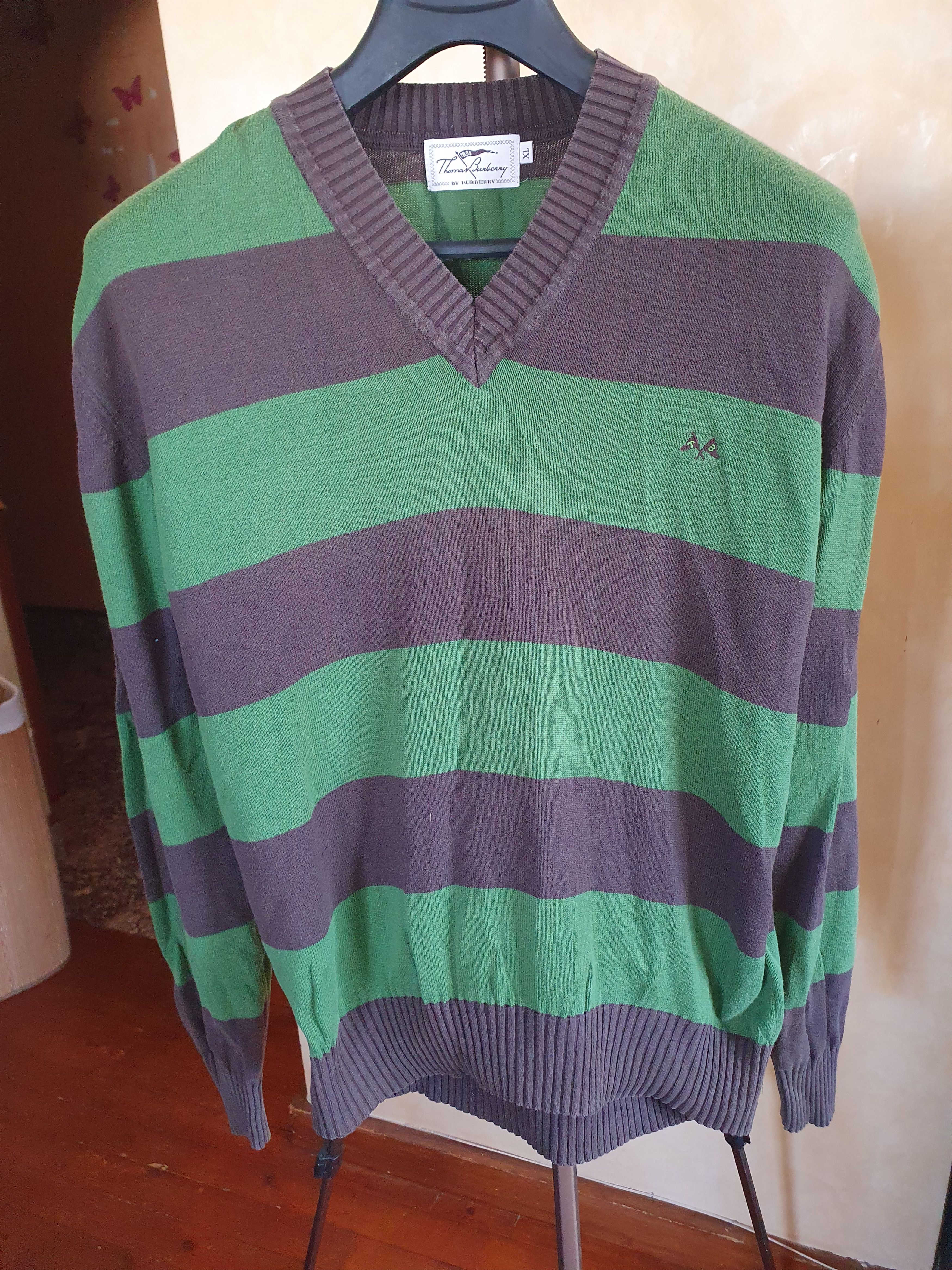 Burberry × Vintage Thomas Burberry Sweater Vintage Striped V Neck sz L? Size US L / EU 52-54 / 3 - 1 Thumbnail
