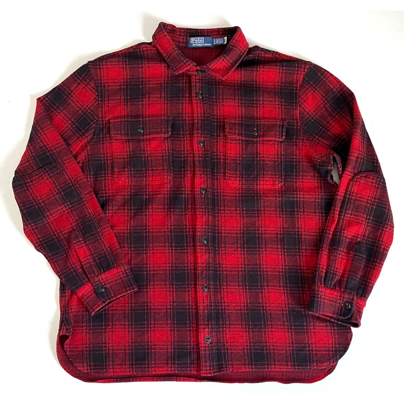 Polo Ralph Lauren Polo Ralph Lauren Men's Plaid Knit Flannel Workshirt XL Button-Up Casual, Classic Fit, Red, Black, Long Sleeve, Polyester Blend, Vintage/Americana Size US XL / EU 56 / 4 - 5 Thumbnail