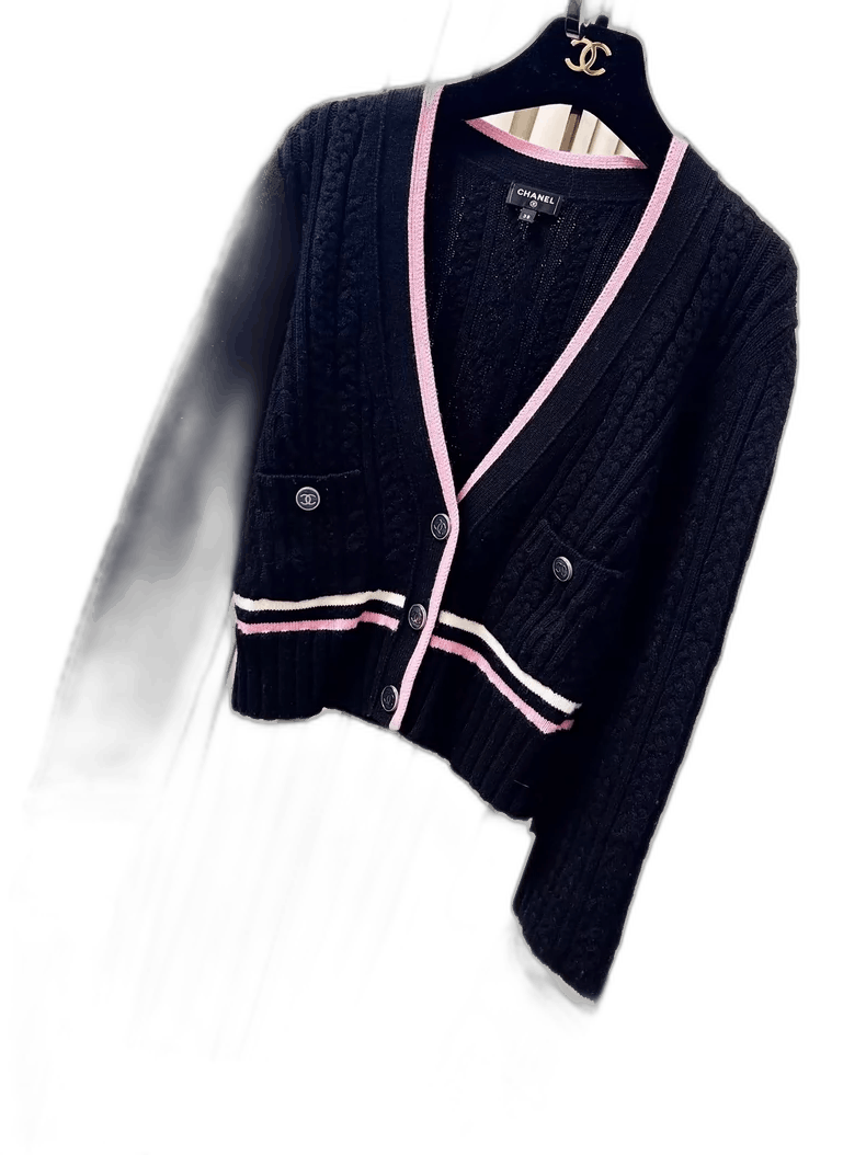 Chanel Black Knit Cardigan with Pink Trim