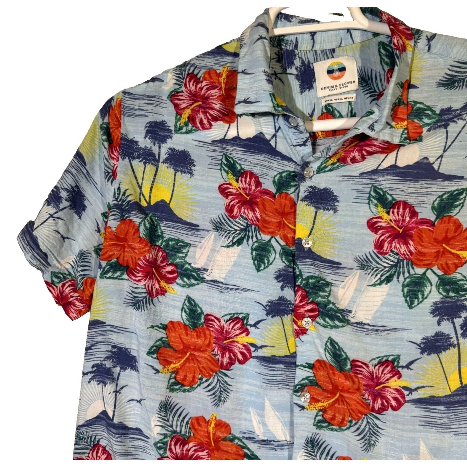 Denime Denim & Flower Shirt Men's XL Hawaiian Multicolor Floral Short Sleeve Cotton Button-Up Casual Size US XL / EU 56 / 4 - 4 Thumbnail