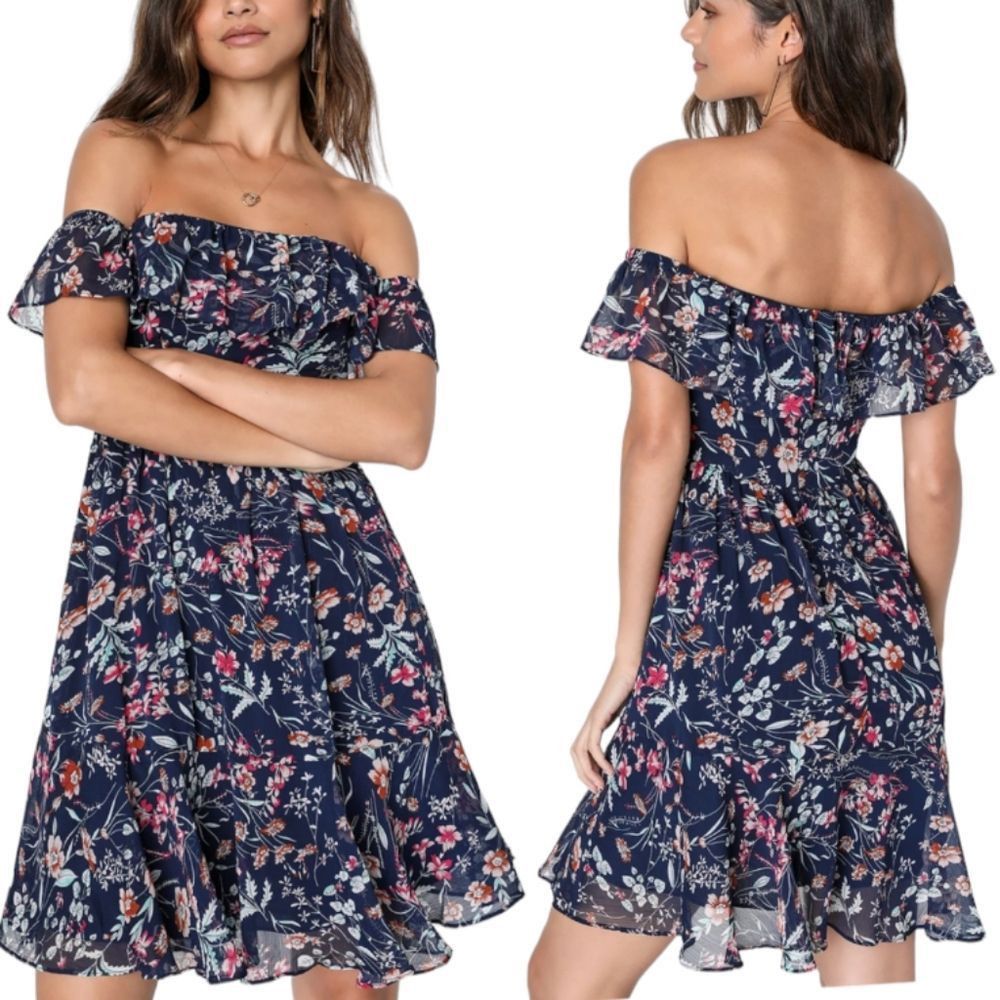 Other Lulu's Floral Print My Favorite Off The Shoulder Dress Navy Size S / US 4 / IT 40 - 3 Thumbnail