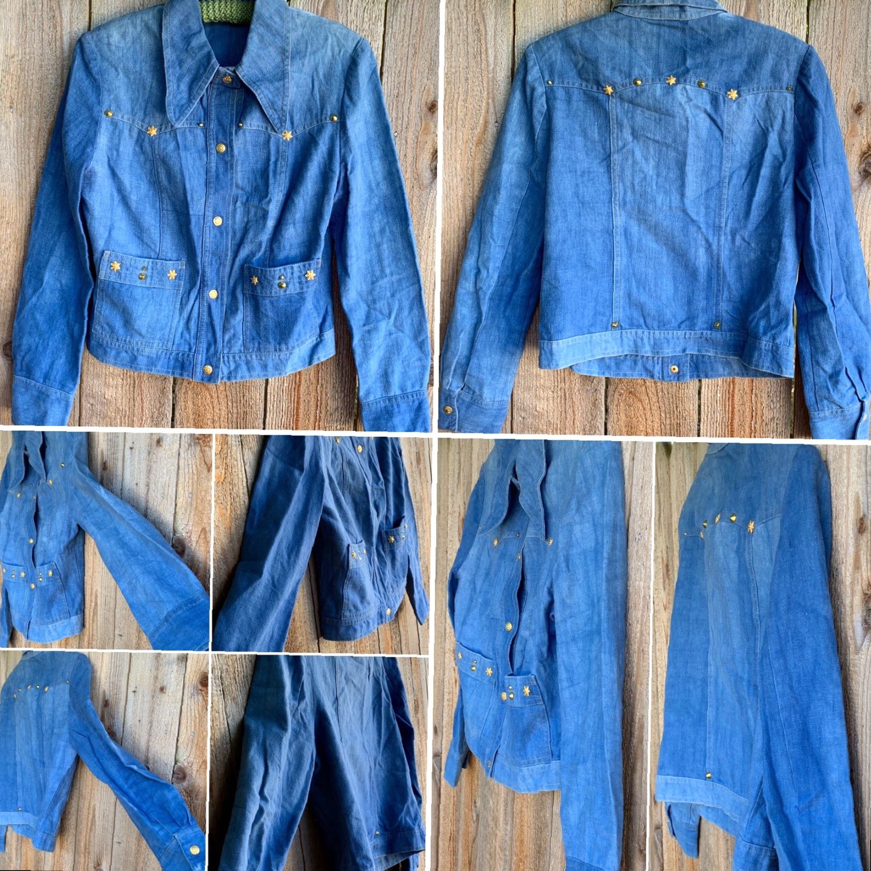 Vintage VINTAGE Denim Jacket Jeans Shirt 80s 70s Style Gold Accents Collared Western Cowgirl Hippie Chic Denim Coat Women M Blue Size M / US 6-8 / IT 42-44 - 2 Thumbnail