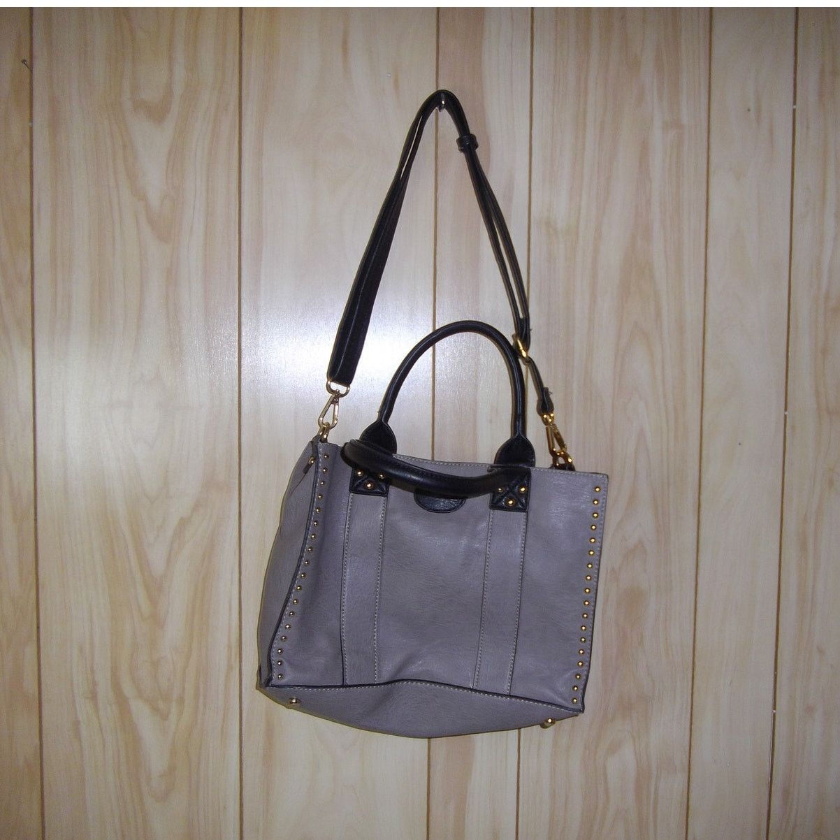 Other Taupe & Black Studded Accent Faux Leather Handbag Size ONE SIZE - 2 Thumbnail