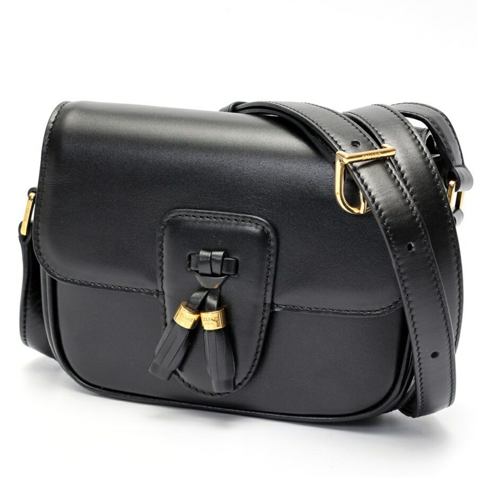Celine Tassels Shoulder Bag 19049 Leather Black S-158317, Women's