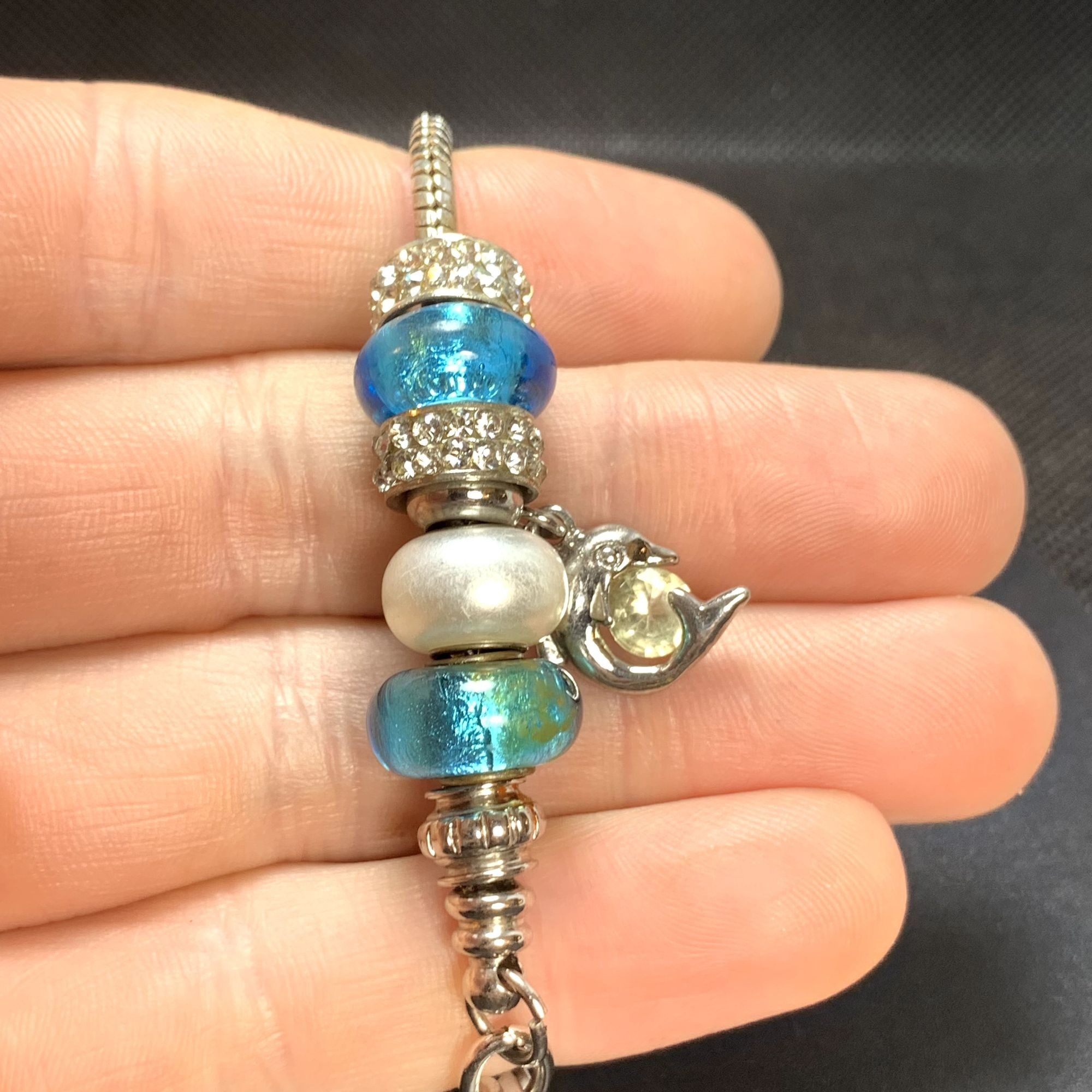 Other Silvertone Slide Charm Bracelet Blue Crystal Blue & White Sl Size ONE SIZE - 6 Thumbnail