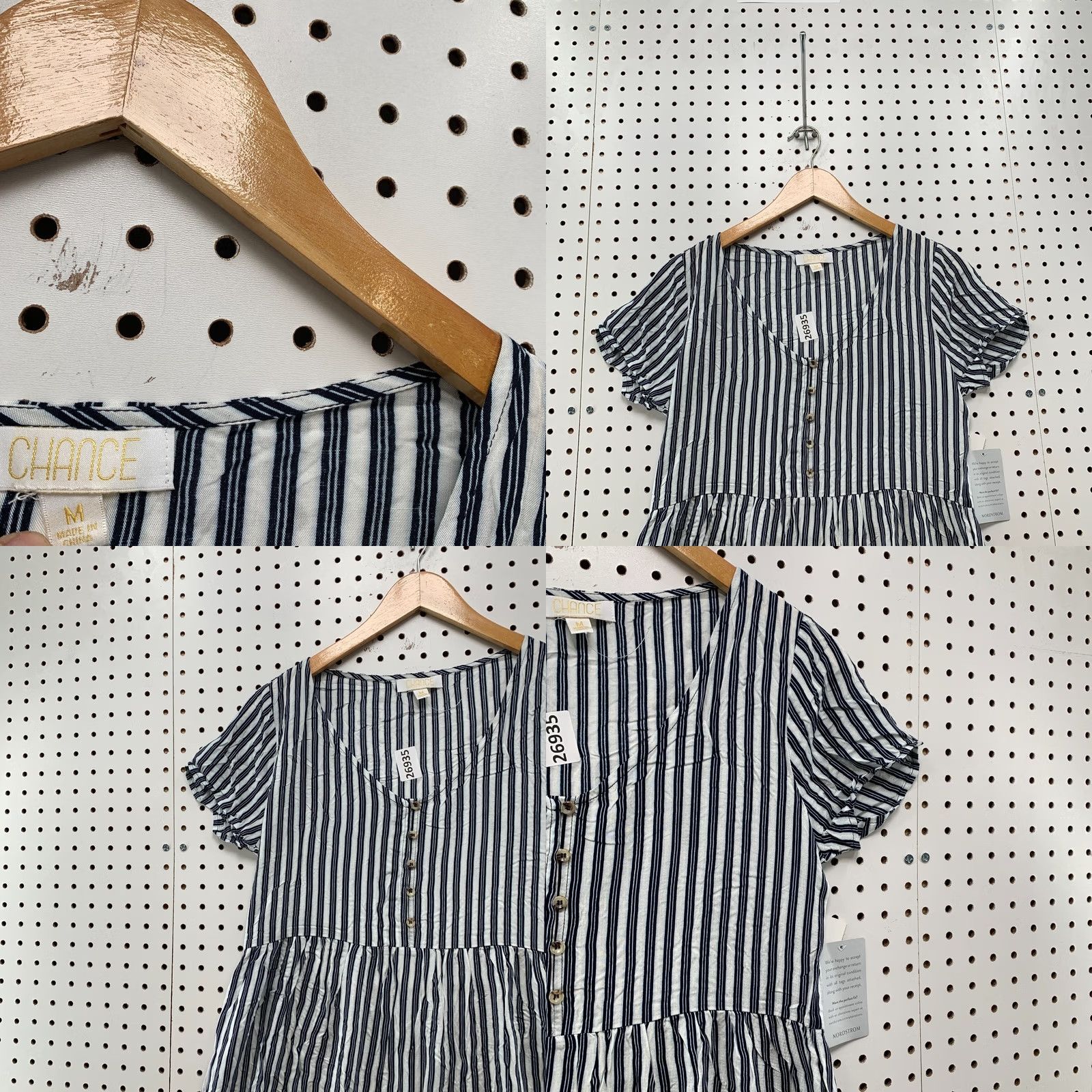 Vintage Chance Dress Womens Medium Blue V Neck Tiered Ruffle Short Sleeve Stripe Size 32" / US 10 / IT 46 - 8 Thumbnail