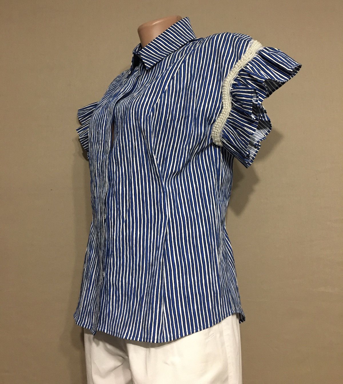 Sandro SANDRO Erine Blue Striped Ruffled-sleeve Shirt Blouse S Size S / US 4 / IT 40 - 5 Thumbnail