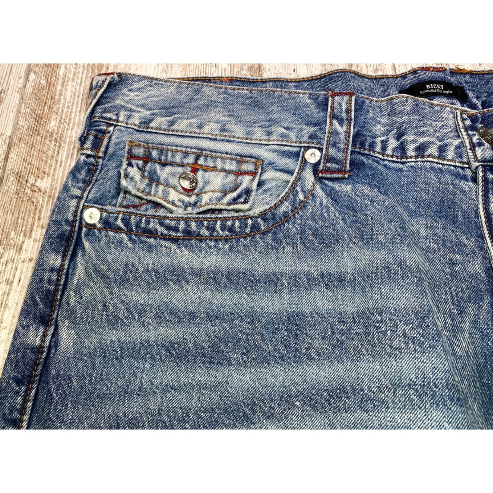 True Religion VINTAGE True Religion Jeans Mens 40x34 Blue Denim Ricky Relaxed Straight Flap Pockets Size US 40 / EU 56 - 5 Thumbnail