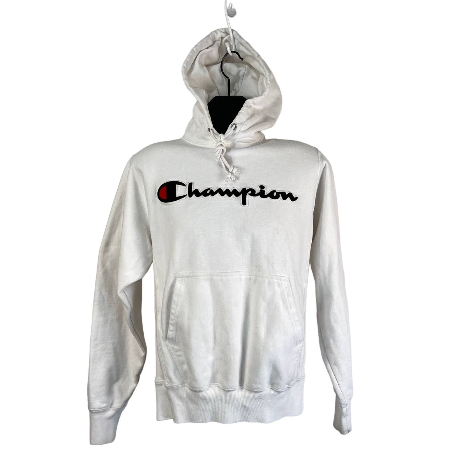Champion Reverse Weave White Hoodie Logo Script Spellout