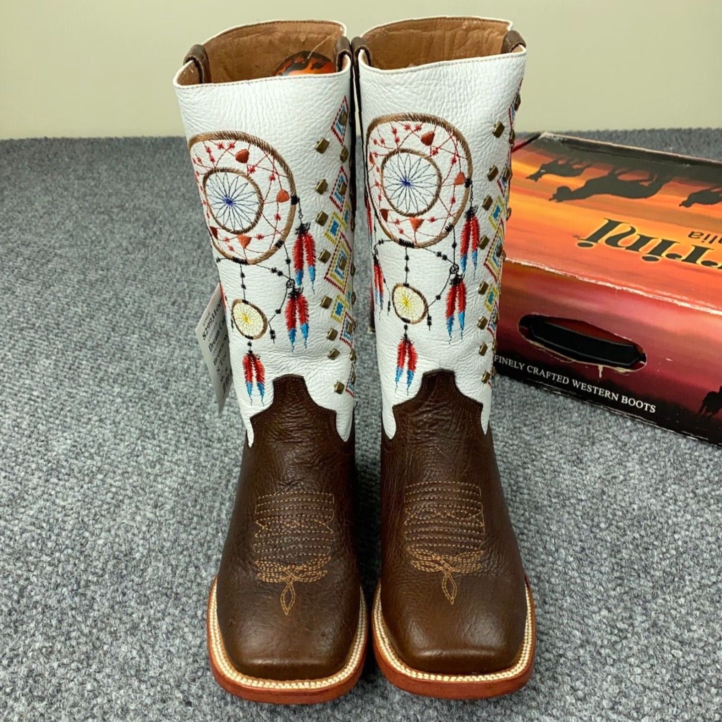 Vintage Ferrini Boots Women's Size 9.5 White Brown Dream Catcher Cowgirl Studded Leather Size US 9.5 / IT 39.5 - 2 Thumbnail