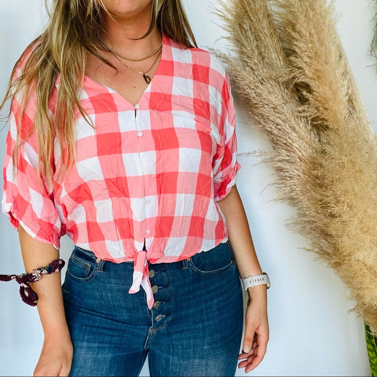 Express EXPRESS Pink Salmon White Picnic Button Tie Blouse Shirt Top Size S / US 4 / IT 40 - 3 Thumbnail