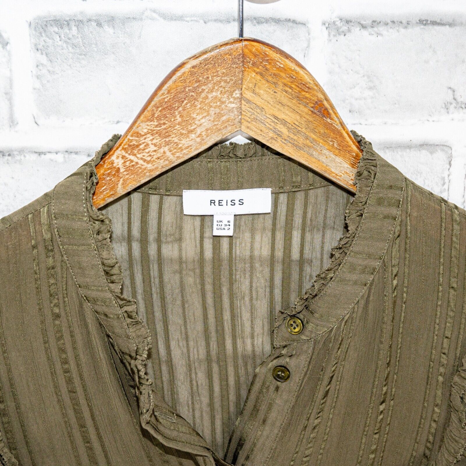 Reiss REISS Alandra Sheer Ruffle Blouse 1/2 button in olive green Size XS / US 0-2 / IT 36-38 - 3 Thumbnail