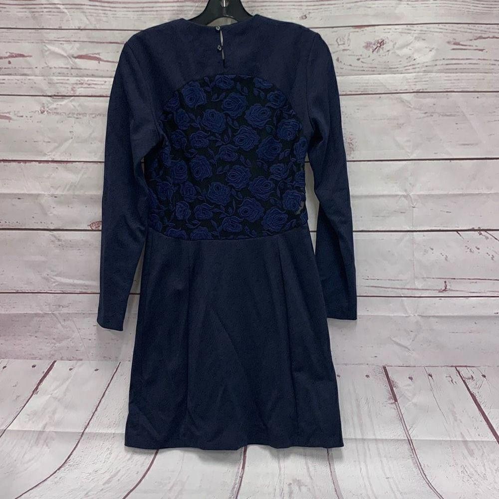 Sandro Sandro Paris Navy Floral Lace Back Midi Long Sleeve Dress Size S / US 4 / IT 40 - 1 Thumbnail