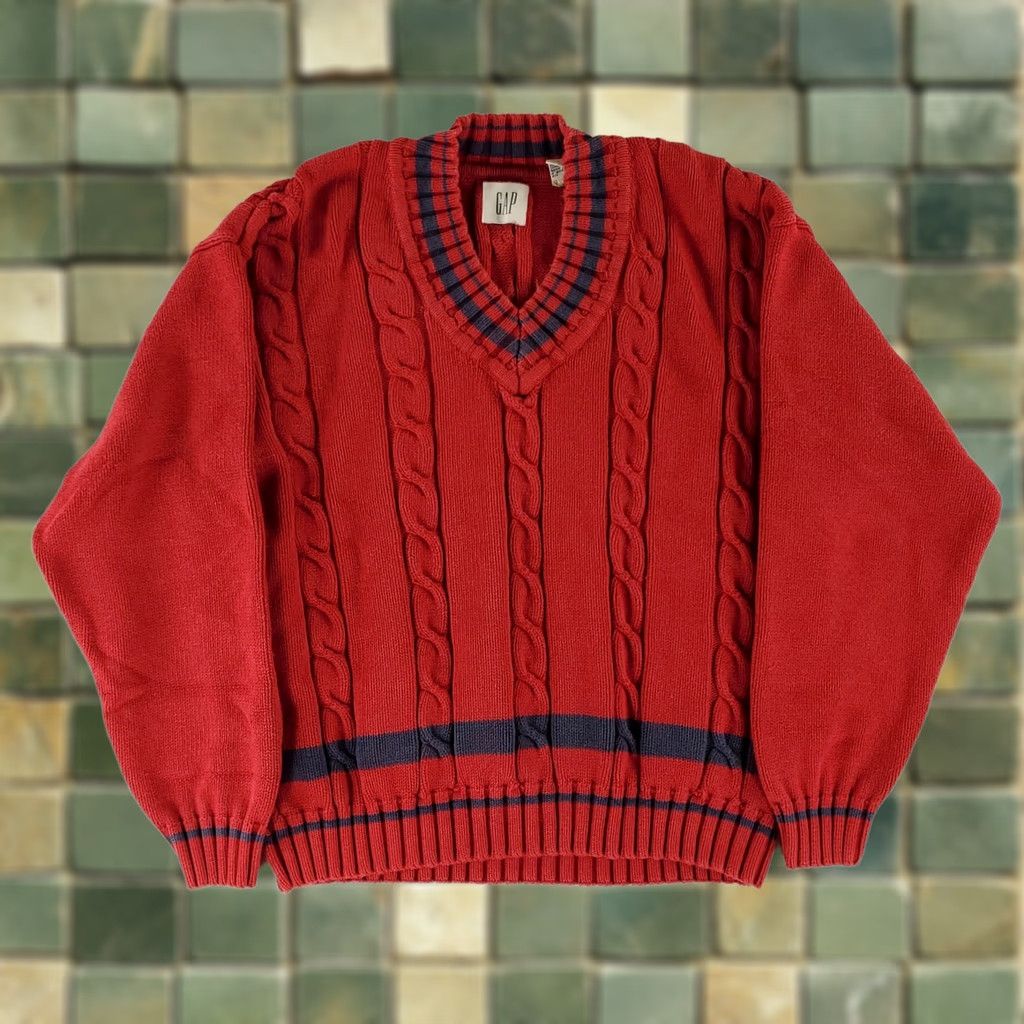Gap VINTAGE GAP Y2K Cable Knit V Neck Sweater Fishermans Red Blue Mens M Pullover Baggy Hole Back? Size US M / EU 48-50 / 2 - 1 Thumbnail