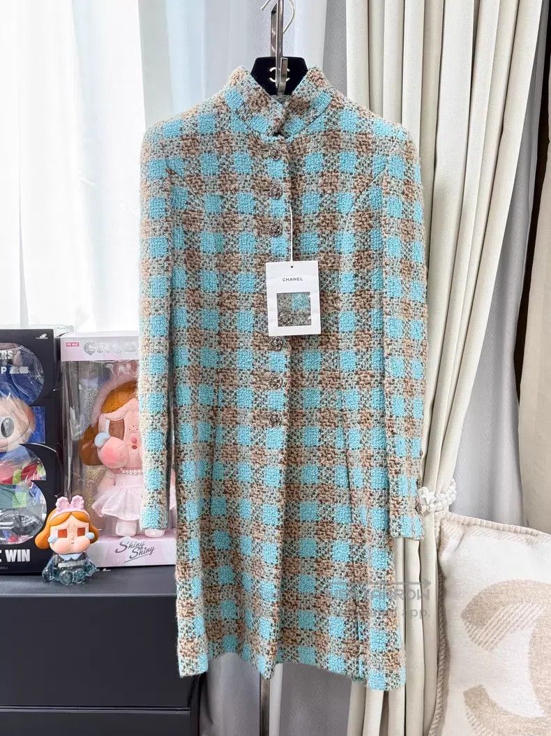 Chanel Chanel Brown plaid stand-up collar long coat Size XXS / US 00 / IT 34 - 1 Thumbnail
