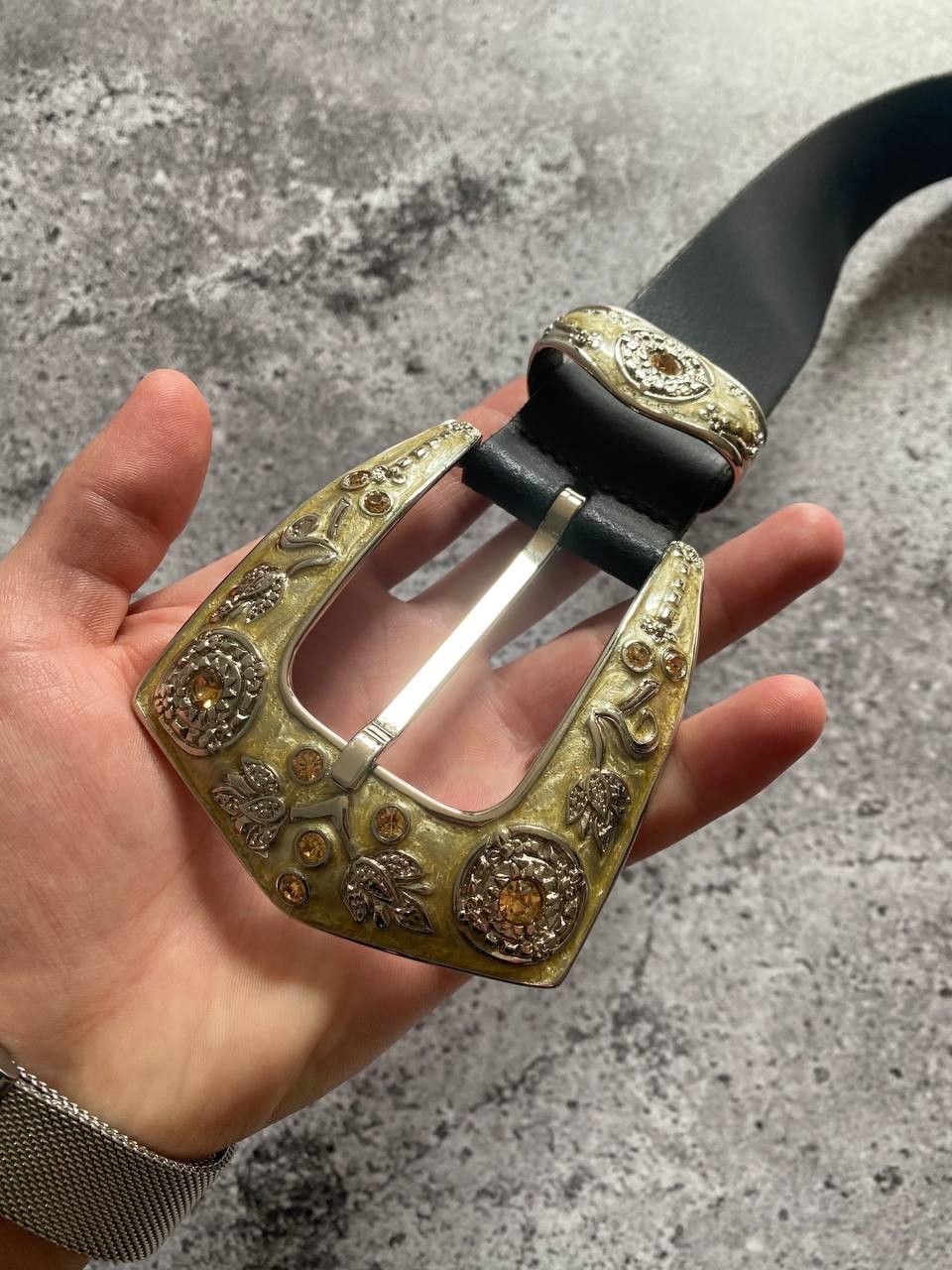 Y2K VINTAGE REAL LEATHER BELT SIMON STYLE SWAROVSKI