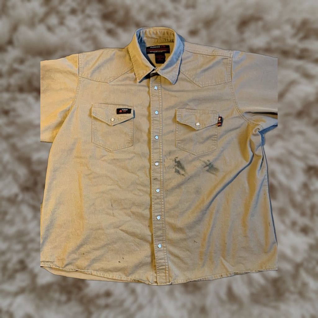 VINTAGE Forge FR Shirt Mens 2XL Beige Flame Resistant Workwear Pearl Snap Button-Down Long Sleeve Pocket Breathable