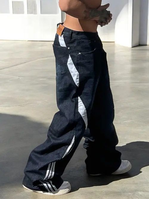 VIBE Blue Wide Leg Stripe Patchwork Denim Jeans, Oversized Jeans Size US 30 / EU 46 - 7 Thumbnail