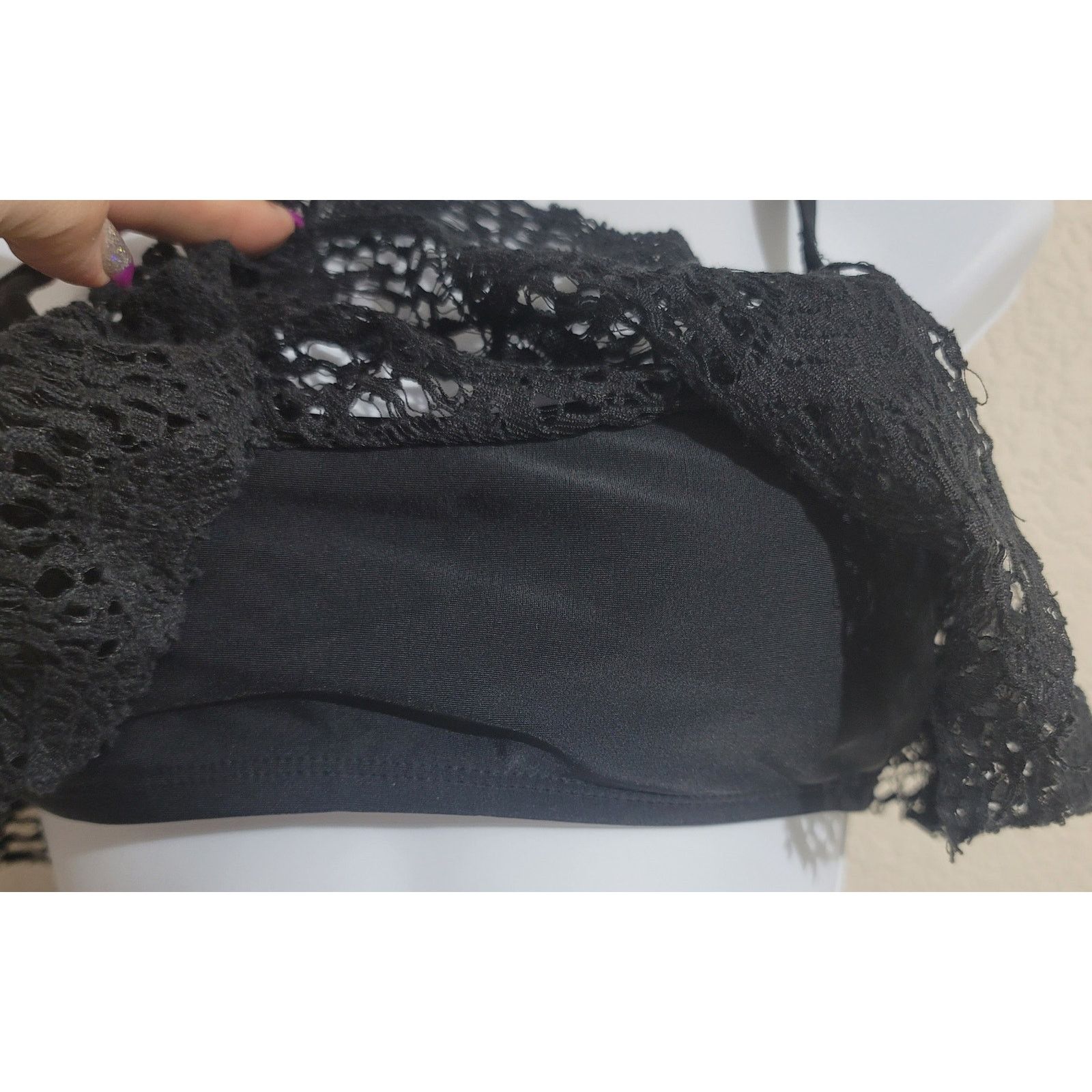 Other Xhilaration Black Crochet Ruffled Overlay Bikini Top Medium Size ONE SIZE - 2 Thumbnail
