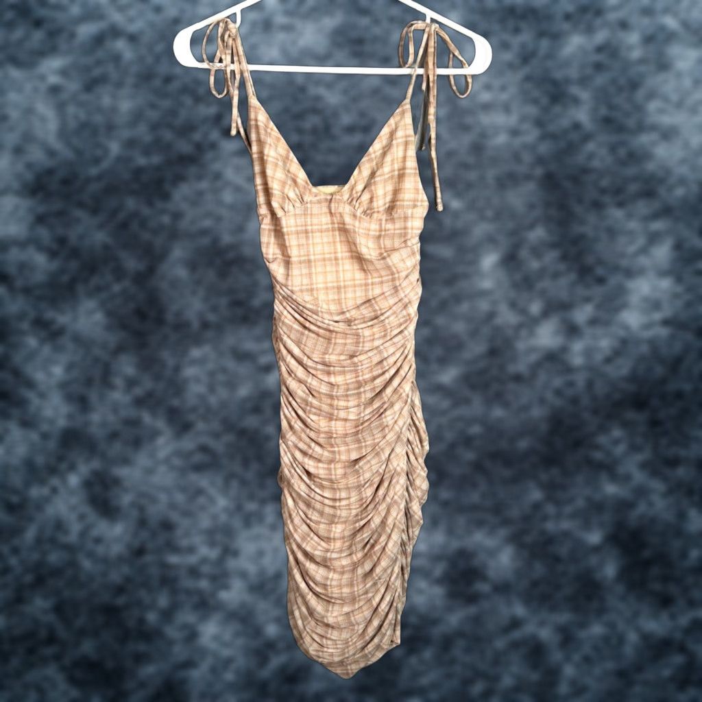 Vintage Wilfred Bodycon Dress Womens XXS Beige Plaid Ruched Sleeveless Casual Knee Length Size XXS / US 00 / IT 34 - 1 Thumbnail