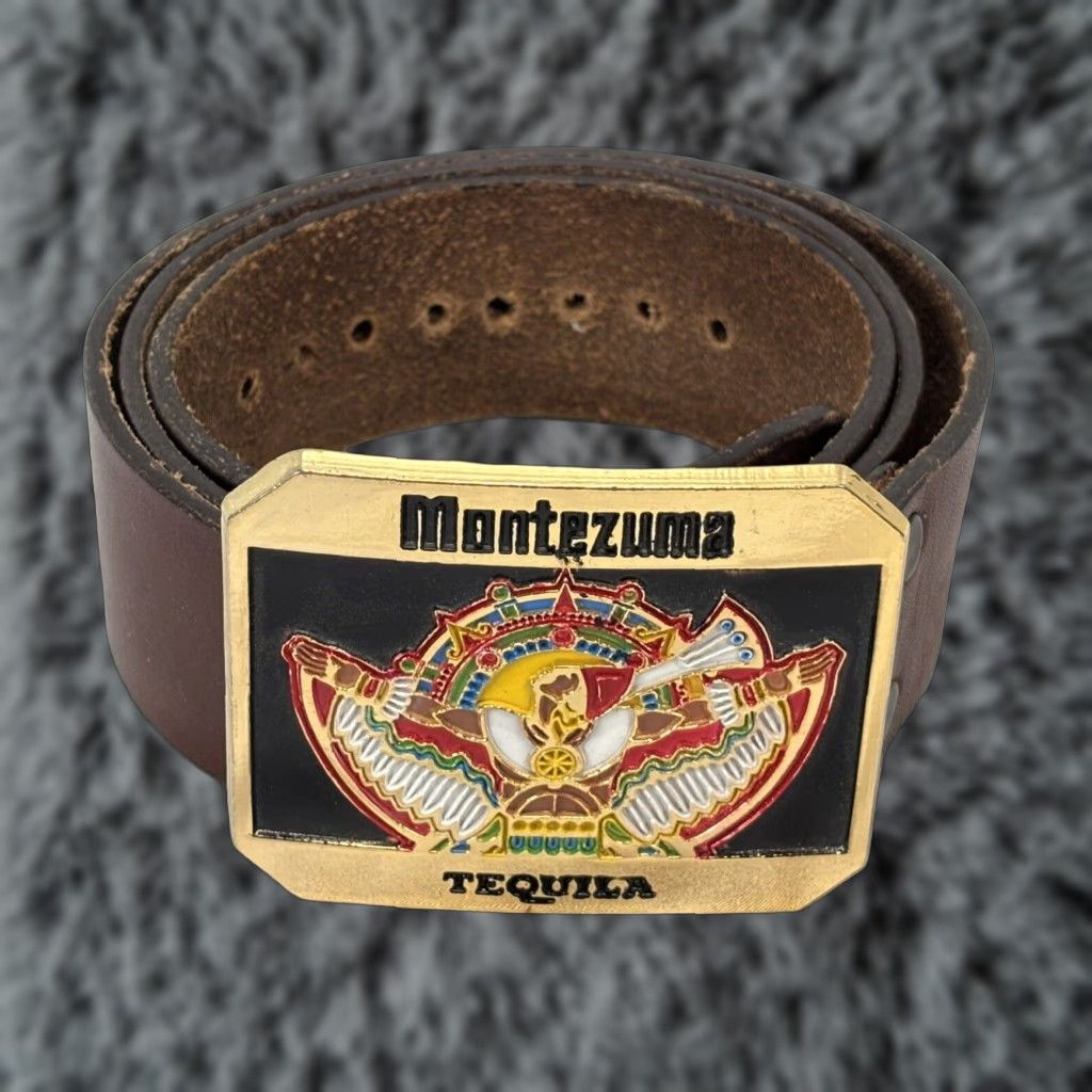 Vintage VINTAGE Brown Leather Western Belt Montezuma Tequila Buckle 37"-40" Mens Size ONE SIZE - 1 Thumbnail