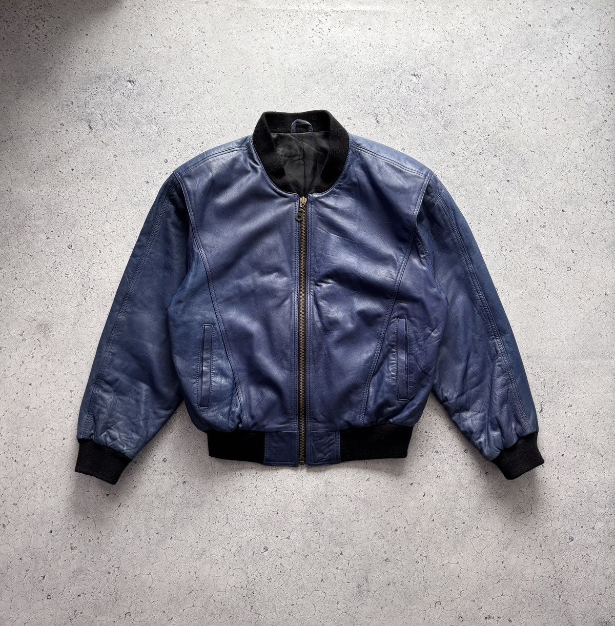 Real Leather Vintage Bomber Jacket Blue Avirex Style Biker