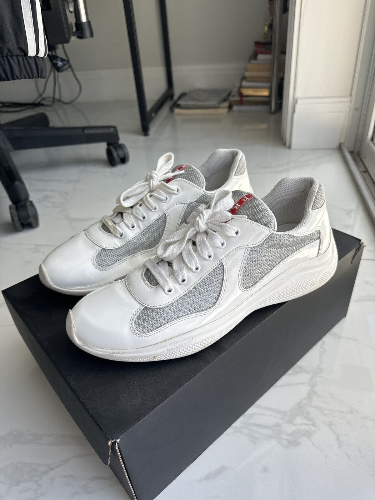 Pre-owned Prada Americas Cup Patent Leather Sneaker - Bianco In White