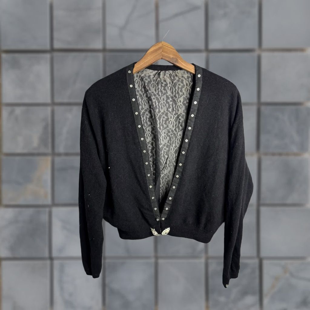 Vintage VINTAGE Embellished Cashmere Cardigan Sweater Womens M Black Lace Rhinestone Jewel VTG Size M / US 6-8 / IT 42-44 - 1 Thumbnail