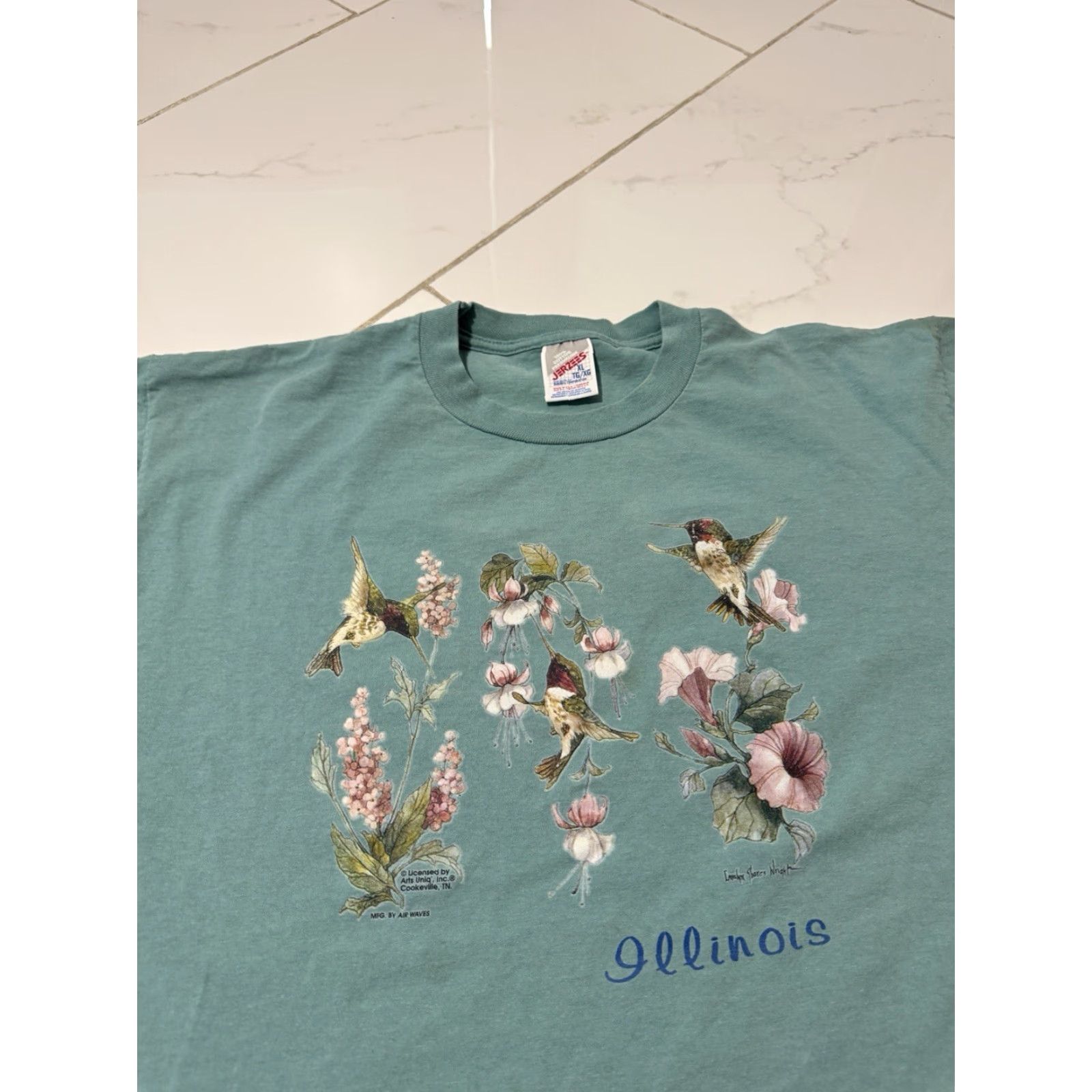Jerzees VINTAGE 90s Birds Art Nature Flower Cute Illinois Teal Blue T-Shirt XL Jerzees Unisex Adults Blue Nature Shirt XL Size US XL / EU 56 / 4 - 2 Thumbnail