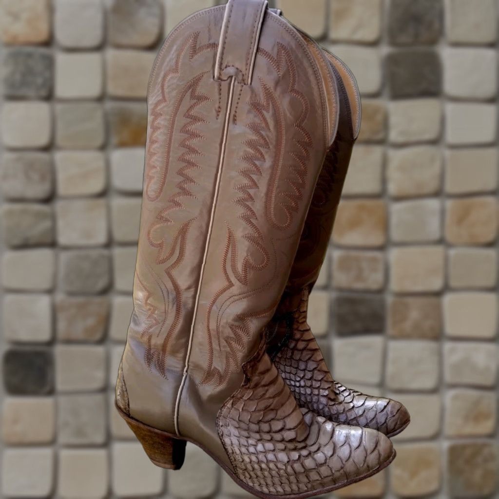 Justin Boots VINTAGE Justin Boots Western Cowboy Boots Women 6.5B Leather Snakeskin Brown Taupe Mid-Calf Size 16" Outsole USD Size US 7 / IT 37 - 1 Thumbnail