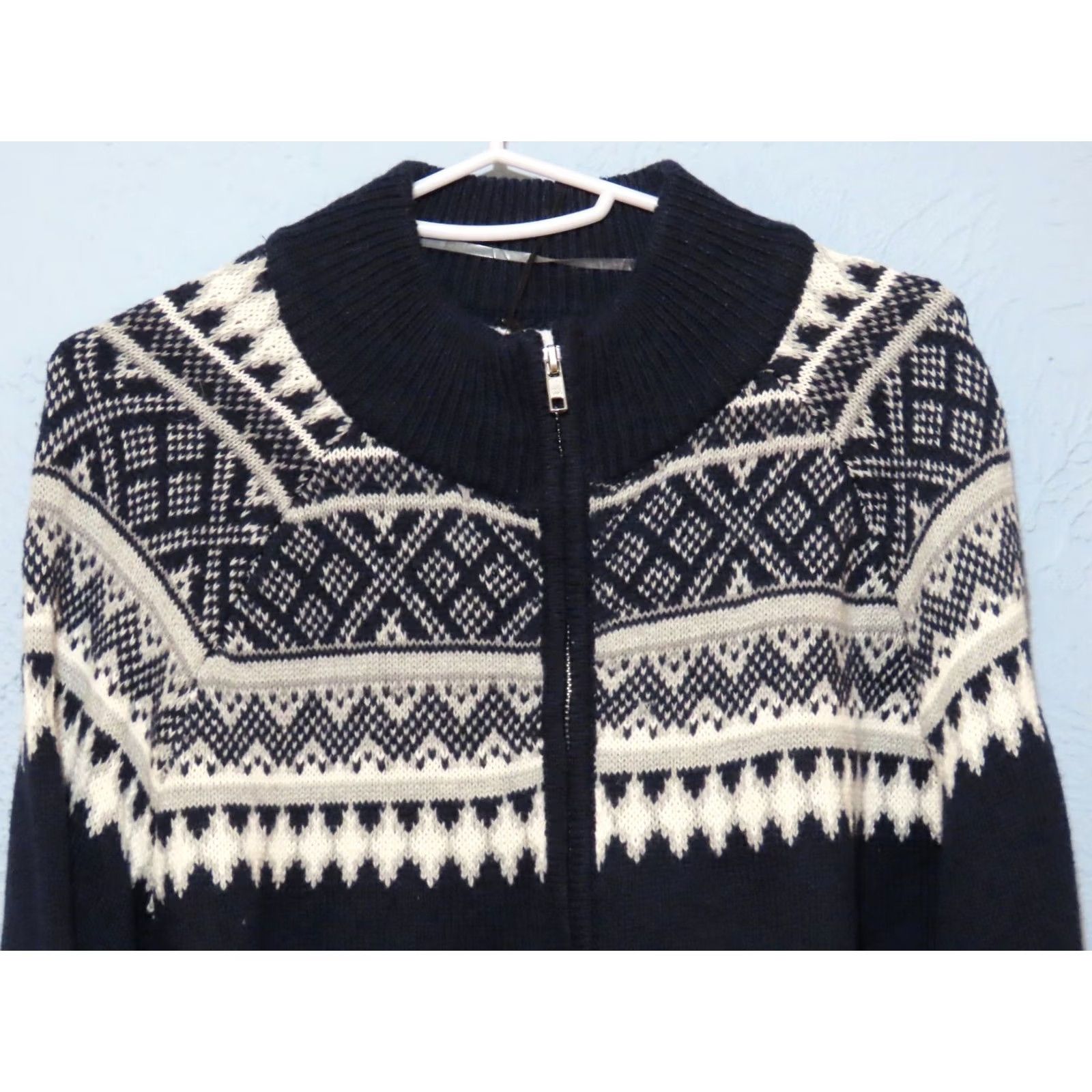 Vintage Goodfellow & Co Sweater Full Zip Navy White Gray Knit Cotton/Acrylic Blend Men's XL Navy with Print Around Neck Size US XL / EU 56 / 4 - 3 Thumbnail