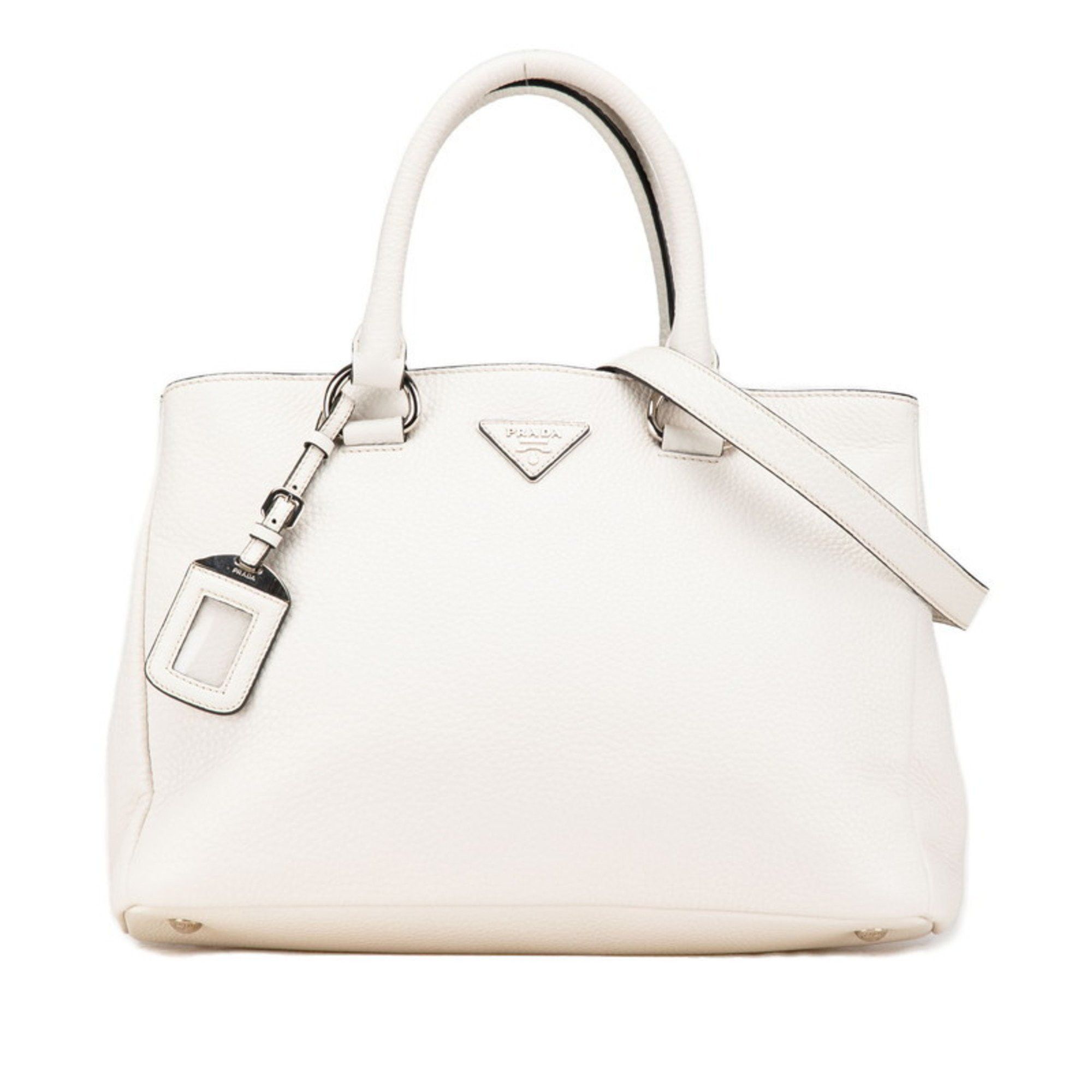 Prada Triangle Plate Vitello Dino Handbag Shoulder Bag Bn2579 White Leather Women's Prada