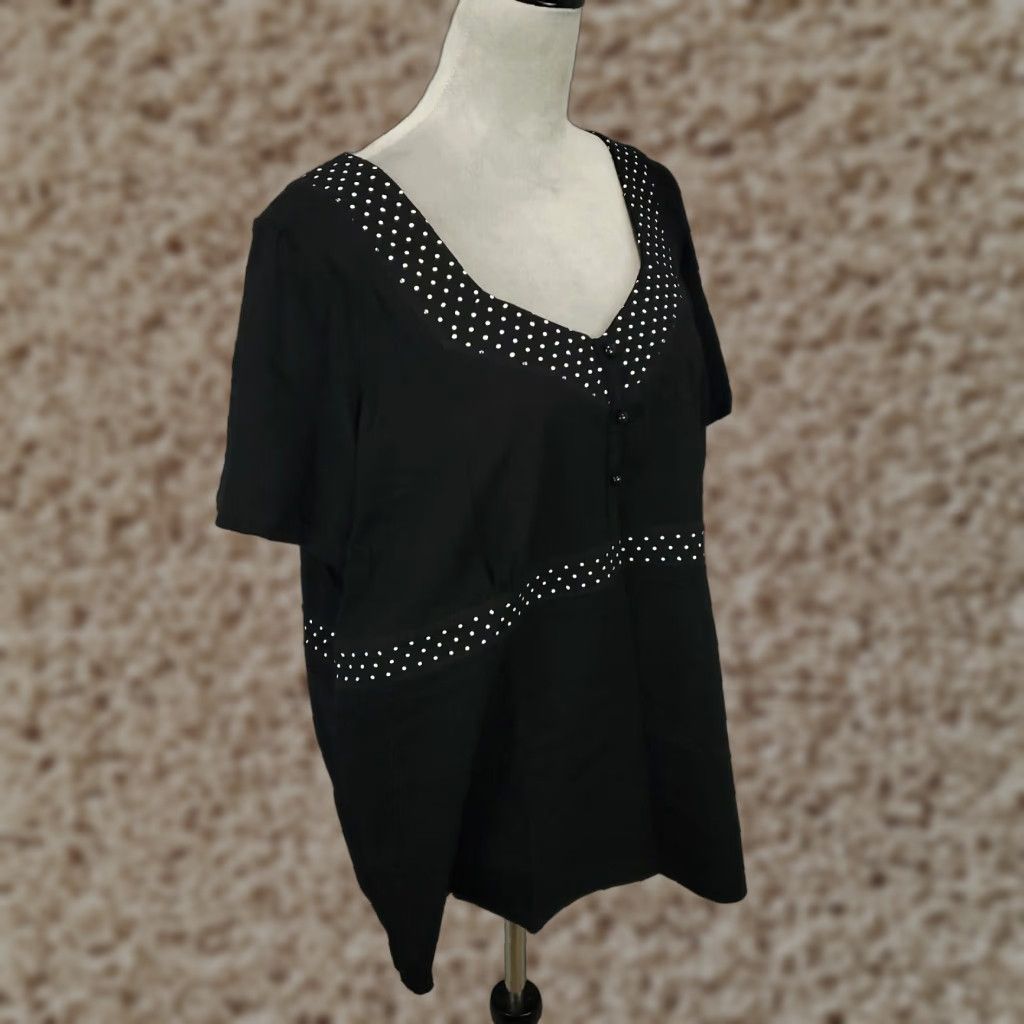 Denim & Co. Denim & Co Top Womens 1X Polka Dot Sweetheart Neckline V Neck Blouse Casual Knit Cotton Spandex Black for Women Plus Size 1X - Denim & Co. Size XL / US 12-14 / IT 48-50 - 1 Thumbnail