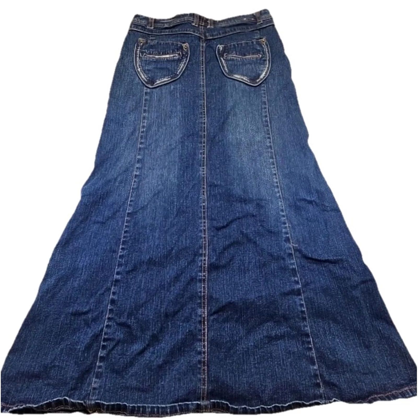 Vintage Y2K Denim Maxi Skirt 7/8 Blue Panel Boho Indie Flare Stretch Raw Hem 2000s Size 28" / US 6 / IT 42 - 6 Thumbnail