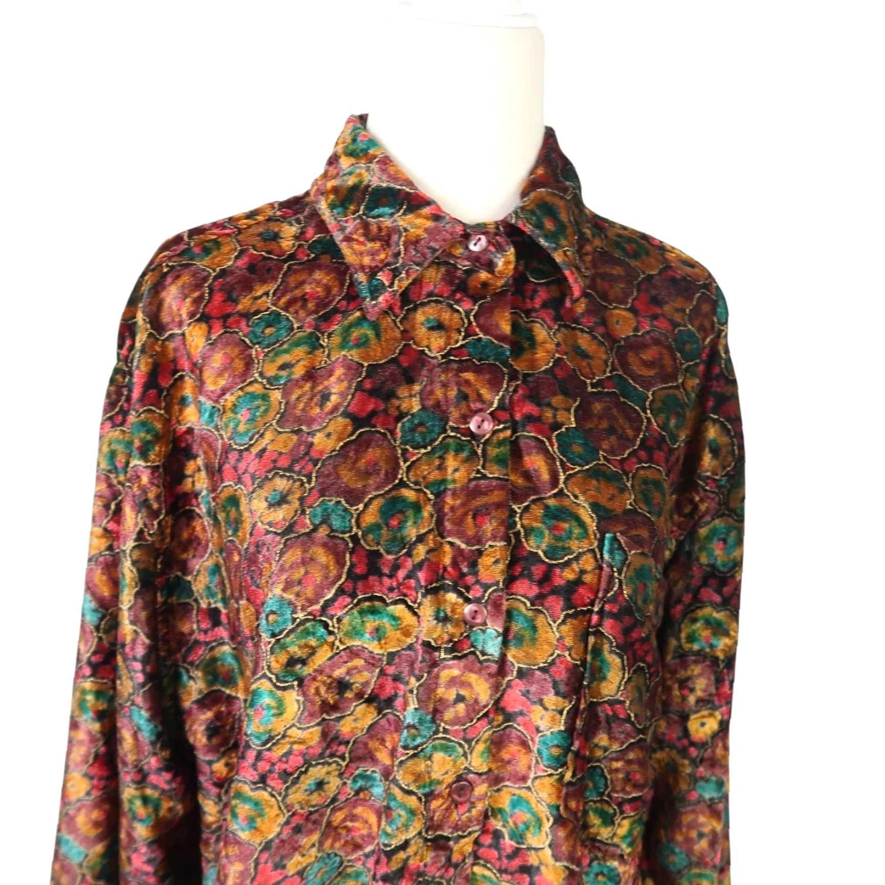 Velvet VINTAGE 90s Punch mustard yellow pink floral velvet blouse top M Button-Up Women Long Sleeve Collared 90s Bohemian Pattern Floral - Vintage Size M / US 6-8 / IT 42-44 - 2 Thumbnail